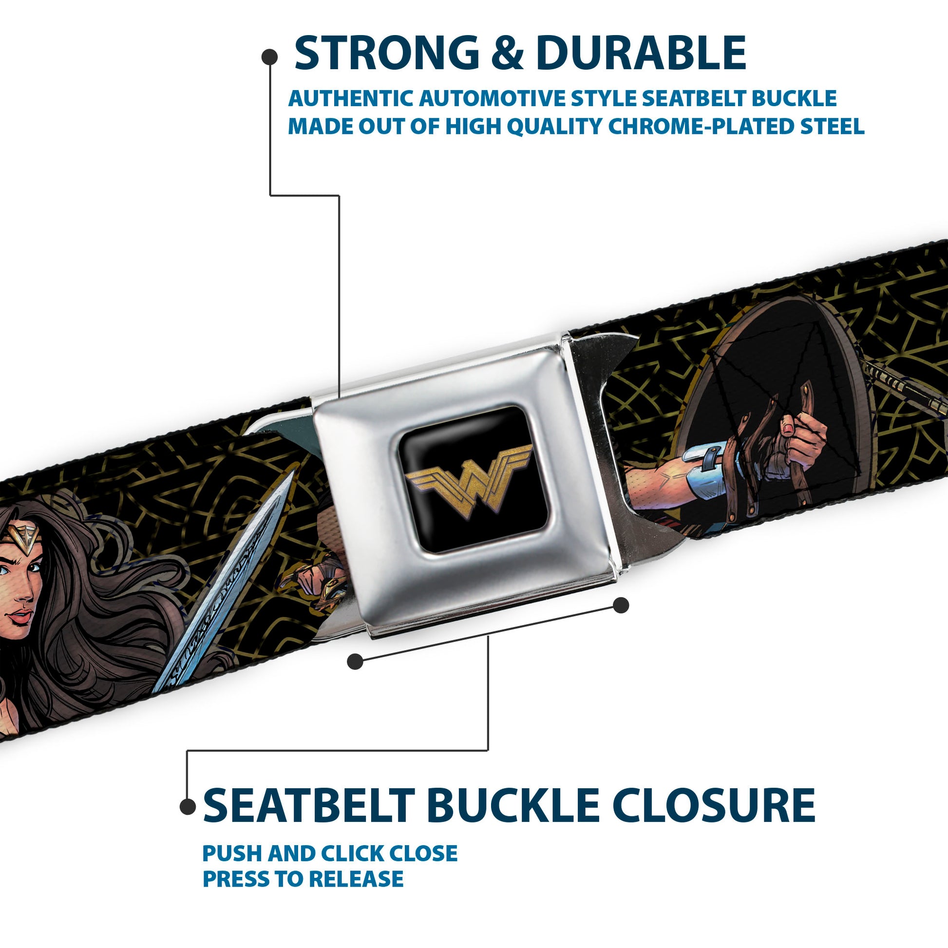 Wonder Woman 2017 Icon Full Color Black/Gold Seatbelt Belt - Wonder Woman 2017 Icon/3-Sketch Poses Black/Gold Webbing Seatbelt Belts DC Comics