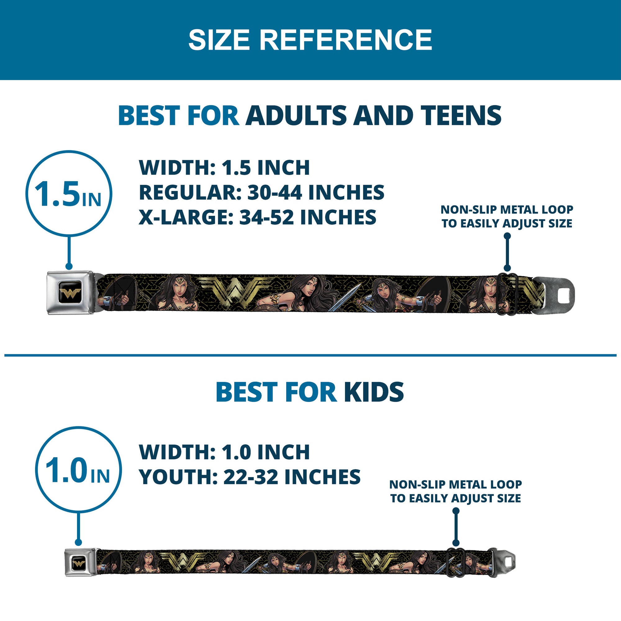 Wonder Woman 2017 Icon Full Color Black/Gold Seatbelt Belt - Wonder Woman 2017 Icon/3-Sketch Poses Black/Gold Webbing Seatbelt Belts DC Comics