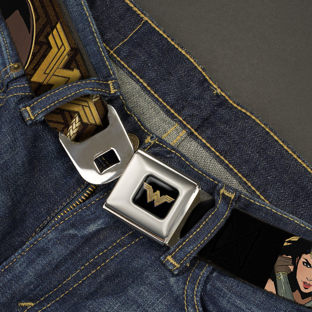 Wonder Woman 2017 Icon Full Color Black/Gold Seatbelt Belt - Wonder Woman 2017 Icon/3-Poses/Lasso of Truth Black/Brown/Golds Webbing Seatbelt Belts DC Comics