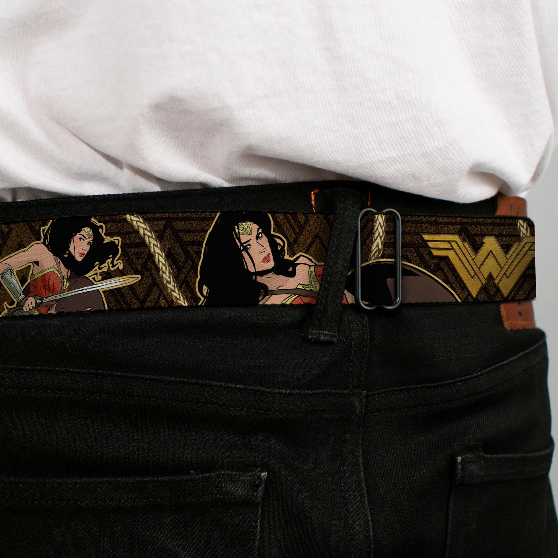 Wonder Woman 2017 Icon Full Color Black/Gold Seatbelt Belt - Wonder Woman 2017 Icon/3-Poses/Lasso of Truth Black/Brown/Golds Webbing Seatbelt Belts DC Comics