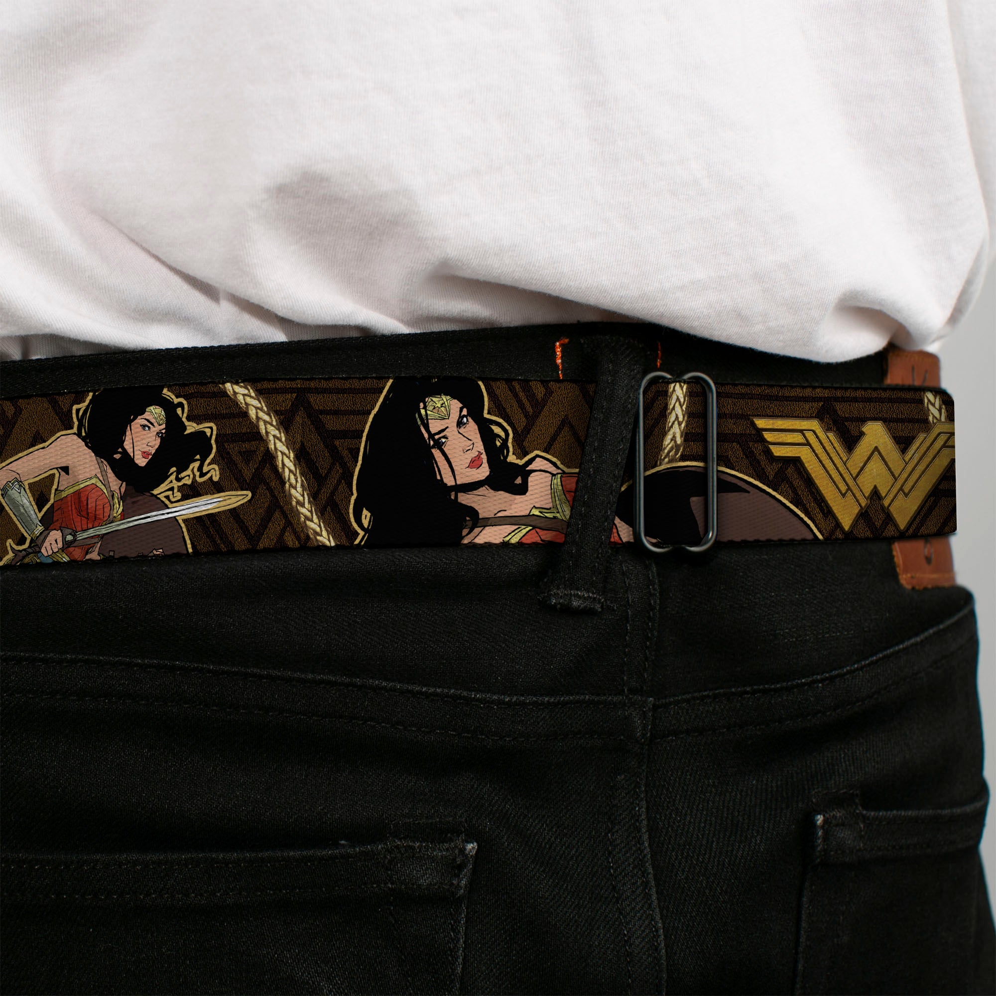 Wonder Woman 2017 Icon Full Color Black/Gold Seatbelt Belt - Wonder Woman 2017 Icon/3-Poses/Lasso of Truth Black/Brown/Golds Webbing Seatbelt Belts DC Comics
