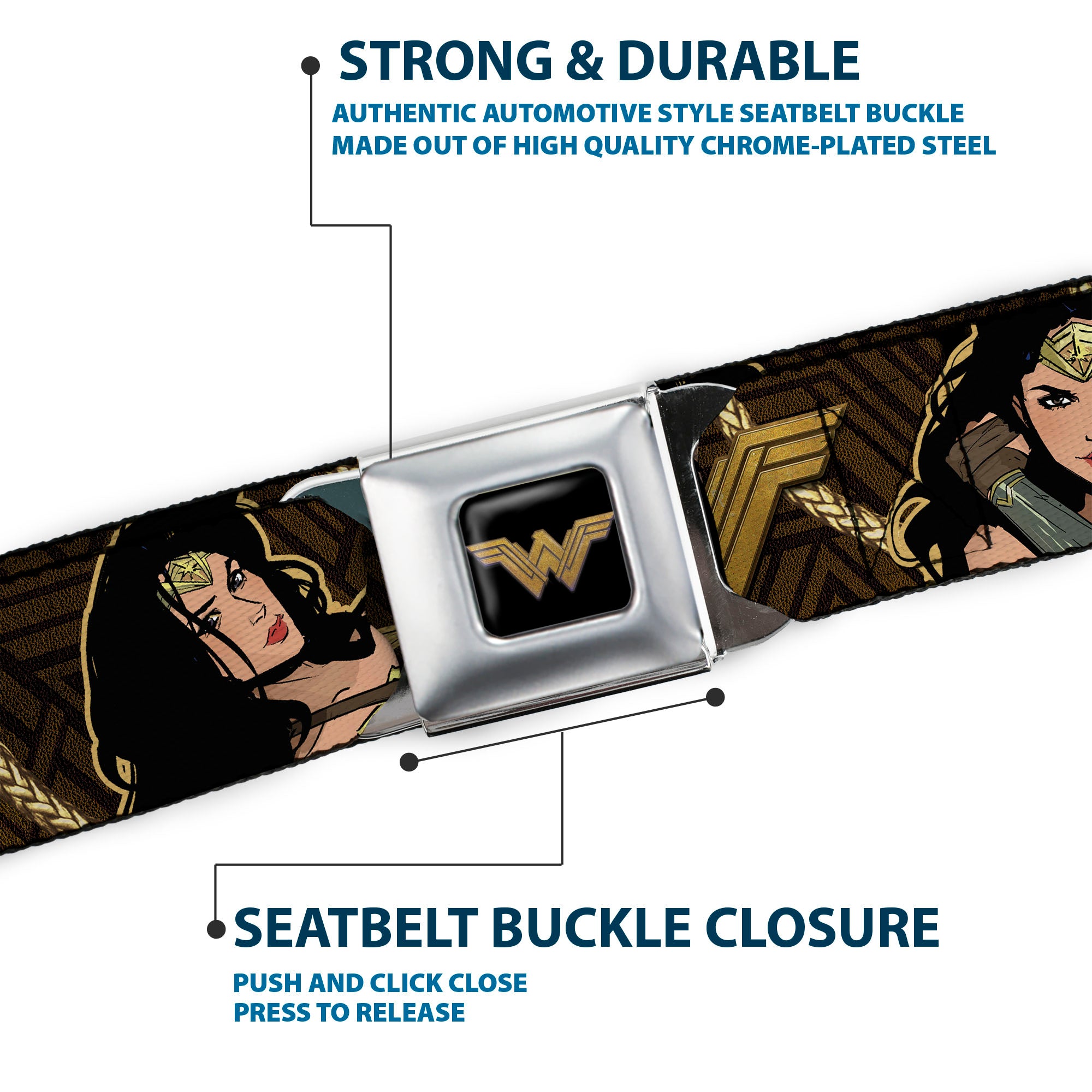 Wonder Woman 2017 Icon Full Color Black/Gold Seatbelt Belt - Wonder Woman 2017 Icon/3-Poses/Lasso of Truth Black/Brown/Golds Webbing Seatbelt Belts DC Comics