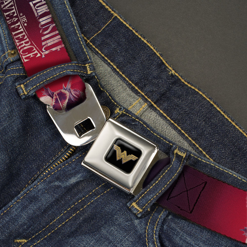 Wonder Woman 2017 Icon Full Color Black/Gold Seatbelt Belt - Wonder Woman Deflection Pose FIGHT FOR JUSTICE-BE BRAVE AND FIERCE Weathered Reds/Blues/White Webbing Seatbelt Belts DC Comics