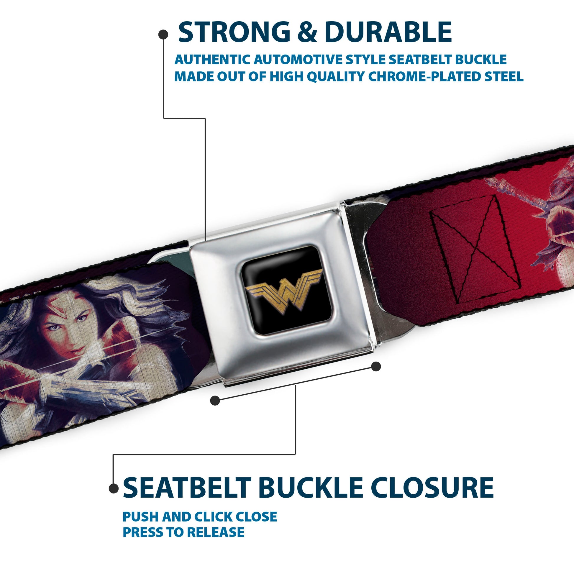 Wonder Woman 2017 Icon Full Color Black/Gold Seatbelt Belt - Wonder Woman Deflection Pose FIGHT FOR JUSTICE-BE BRAVE AND FIERCE Weathered Reds/Blues/White Webbing Seatbelt Belts DC Comics