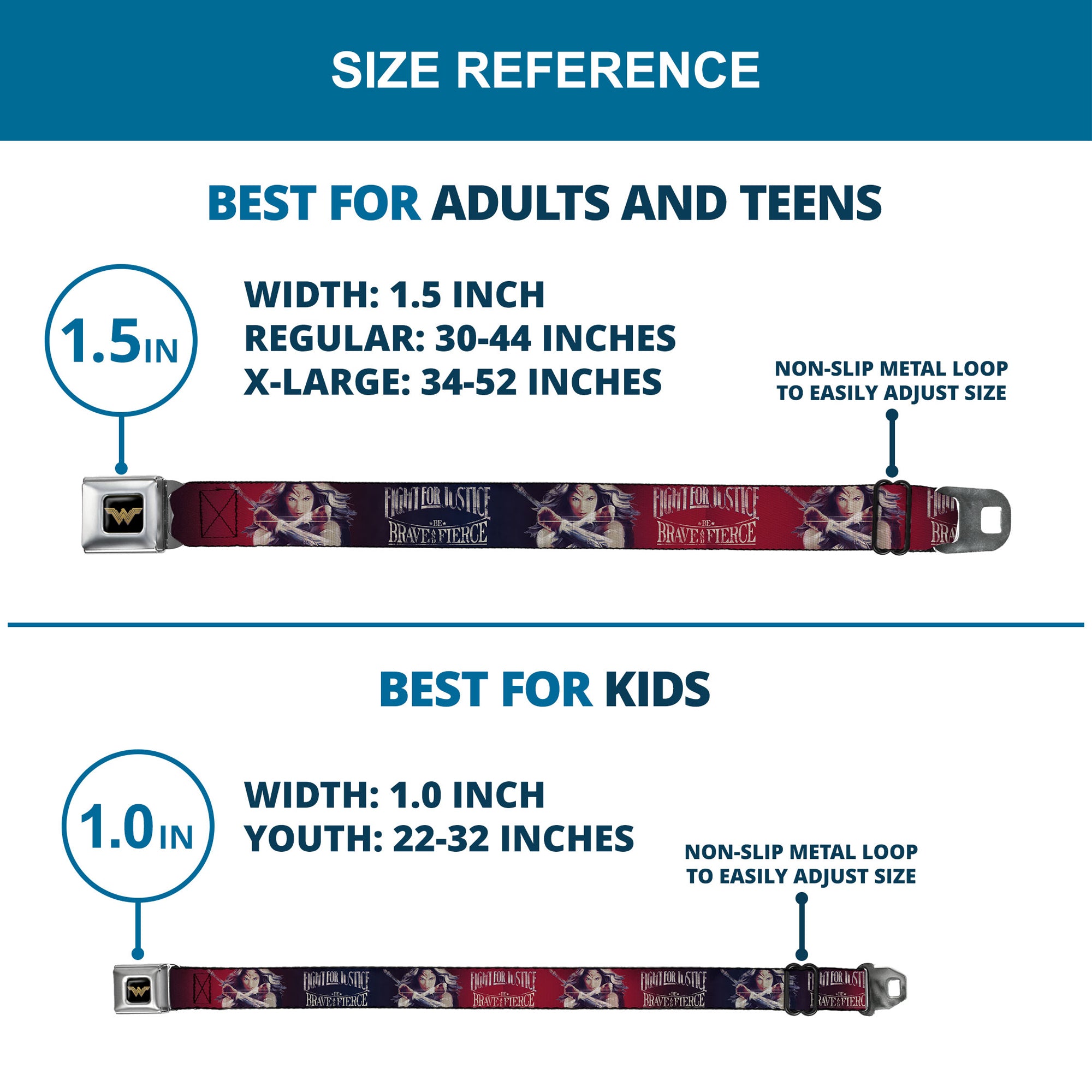 Wonder Woman 2017 Icon Full Color Black/Gold Seatbelt Belt - Wonder Woman Deflection Pose FIGHT FOR JUSTICE-BE BRAVE AND FIERCE Weathered Reds/Blues/White Webbing Seatbelt Belts DC Comics