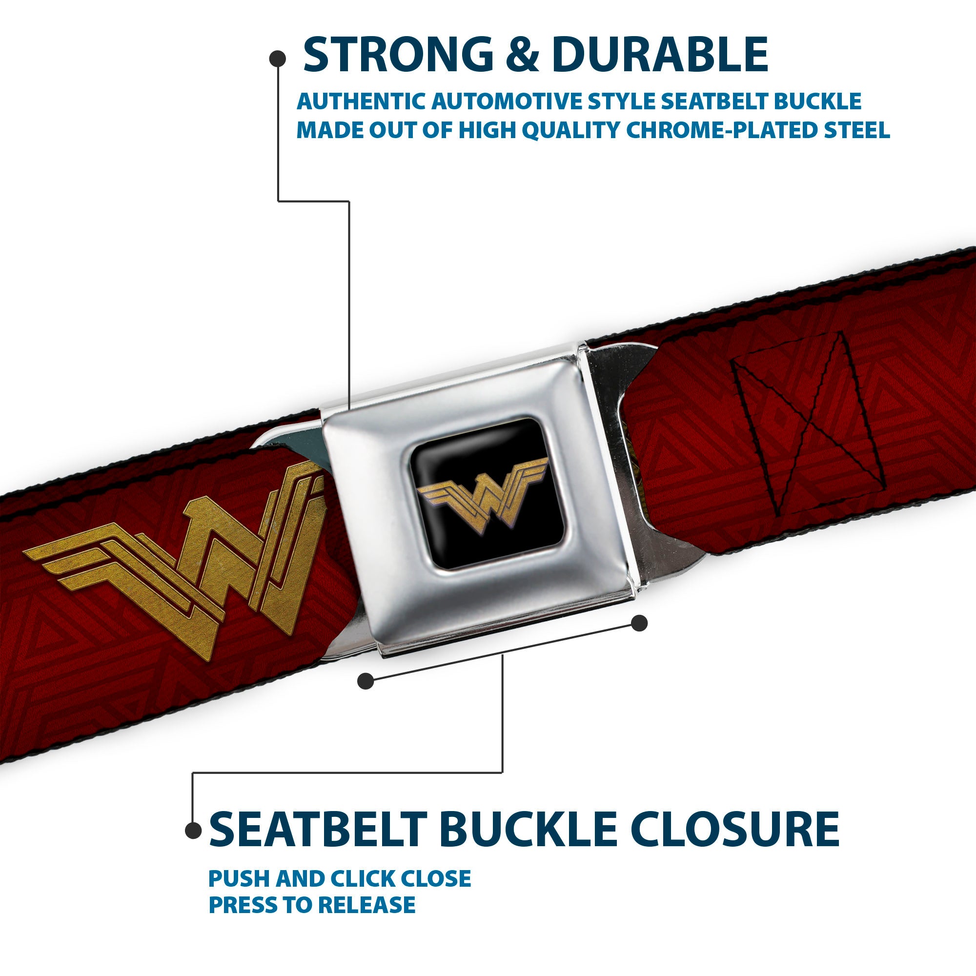 Wonder Woman 2017 Icon Full Color Black/Gold Seatbelt Belt - Wonder Woman 2017 Icon Reds/Golds Webbing Seatbelt Belts DC Comics