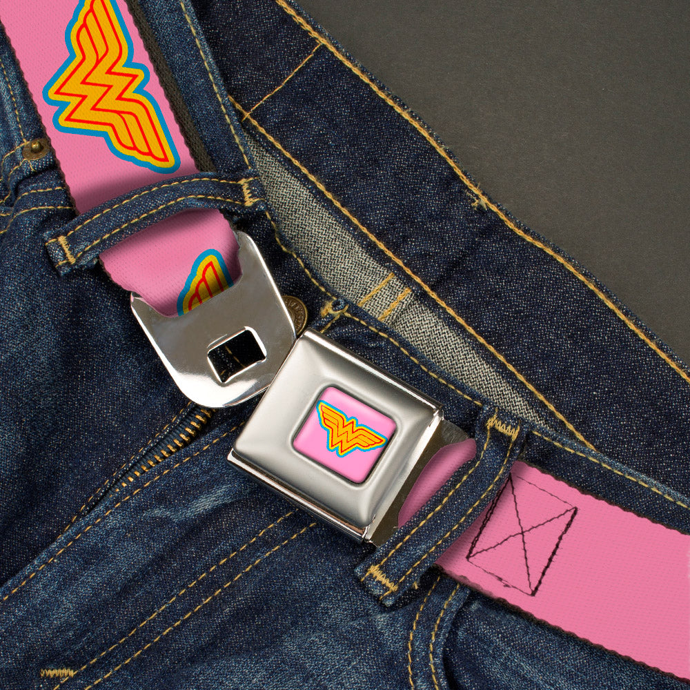 Wonder Woman Logo Full Color Pink Blue Yellow Pink Seatbelt Belt - Wonder Woman Logo Pink/Blue/Yellow/Pink Webbing Seatbelt Belts DC Comics