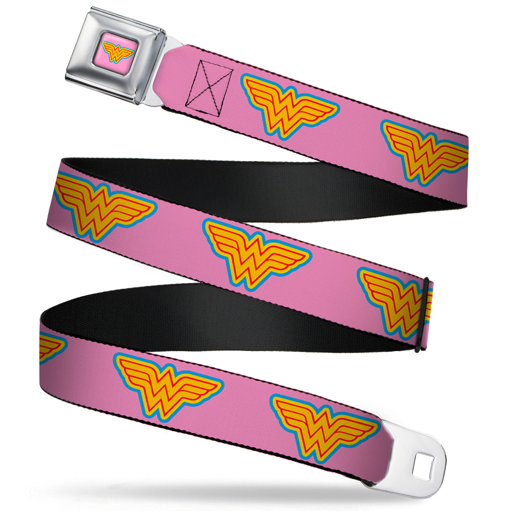 Wonder Woman Logo Full Color Pink Blue Yellow Pink Seatbelt Belt - Wonder Woman Logo Pink/Blue/Yellow/Pink Webbing Seatbelt Belts DC Comics