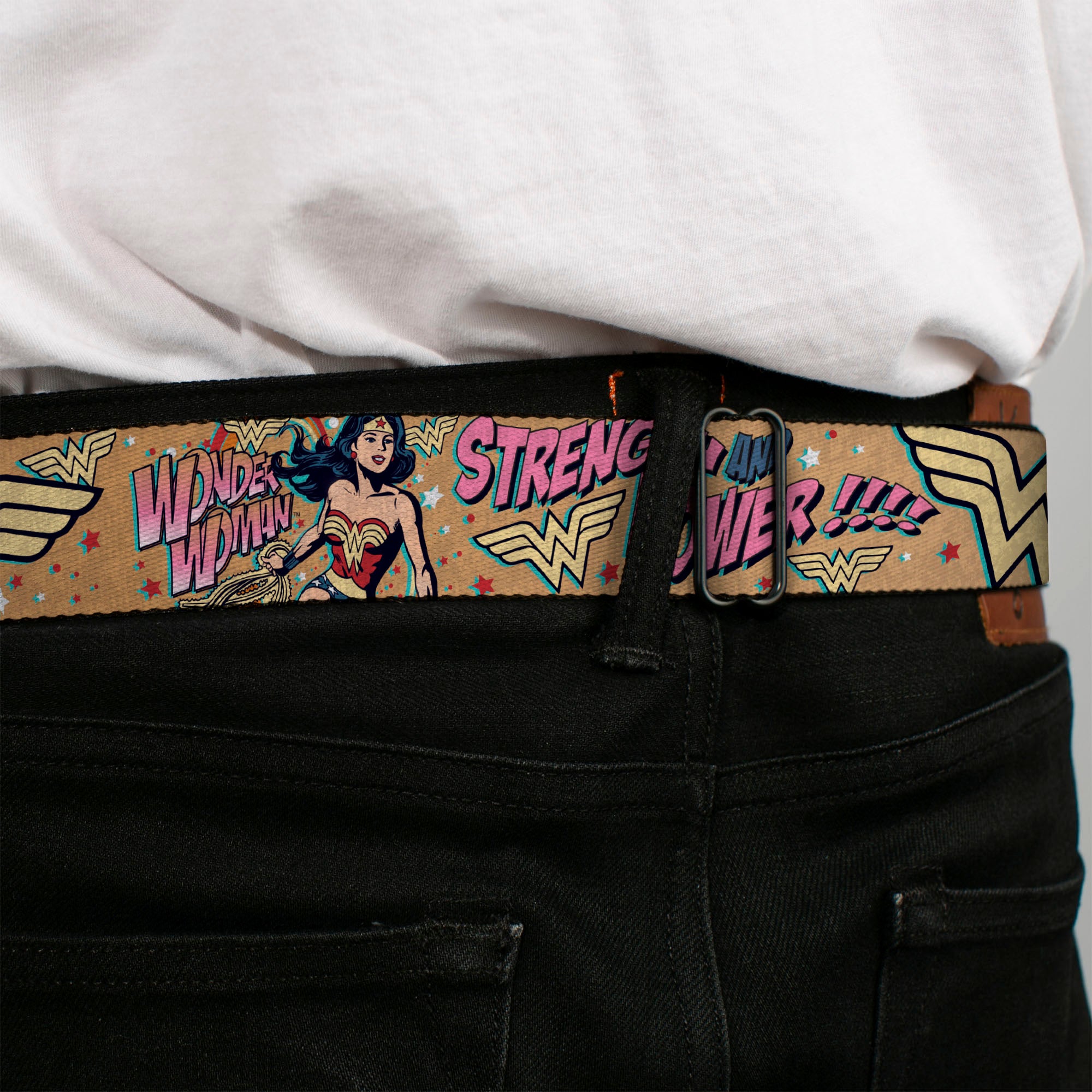 Wonder Woman Black Silver Seatbelt Belt - Wonder Woman Strength & Power Webbing Seatbelt Belts DC Comics