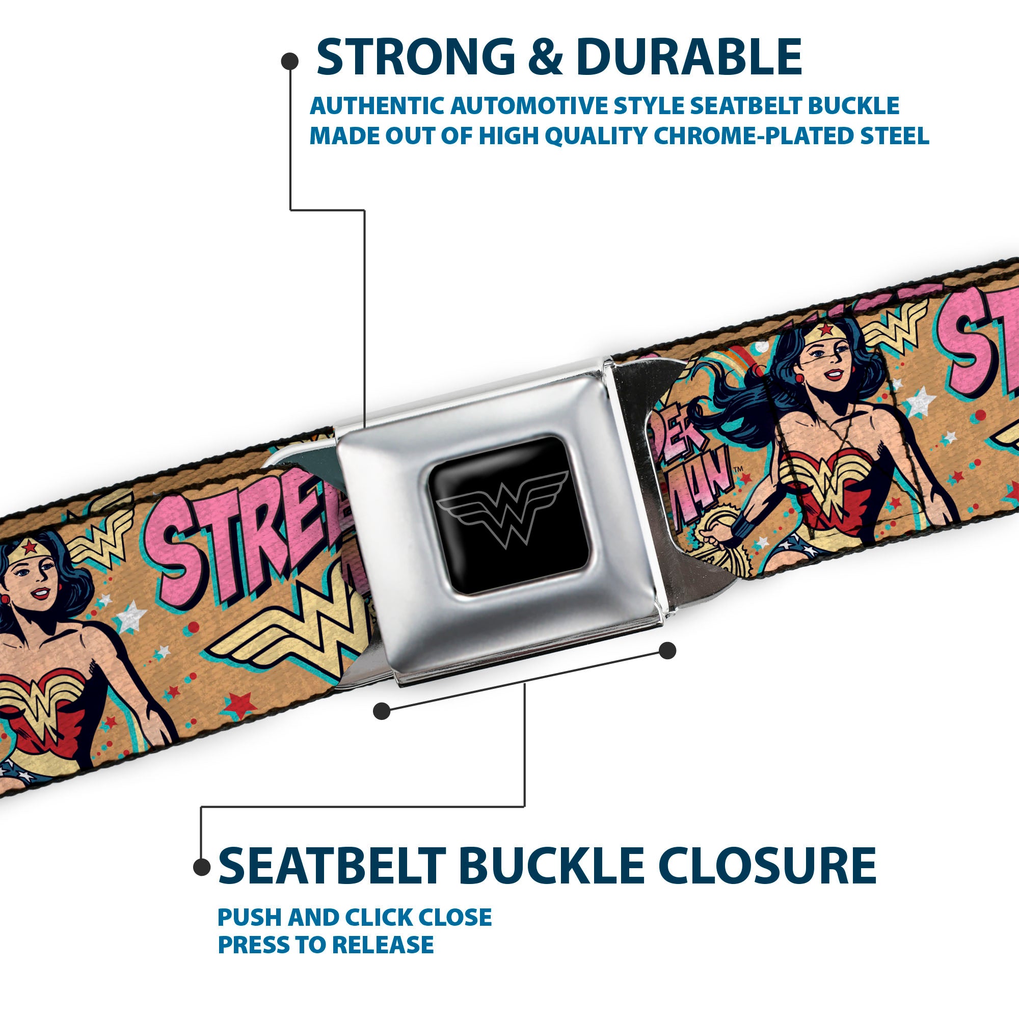 Wonder Woman Black Silver Seatbelt Belt - Wonder Woman Strength & Power Webbing Seatbelt Belts DC Comics