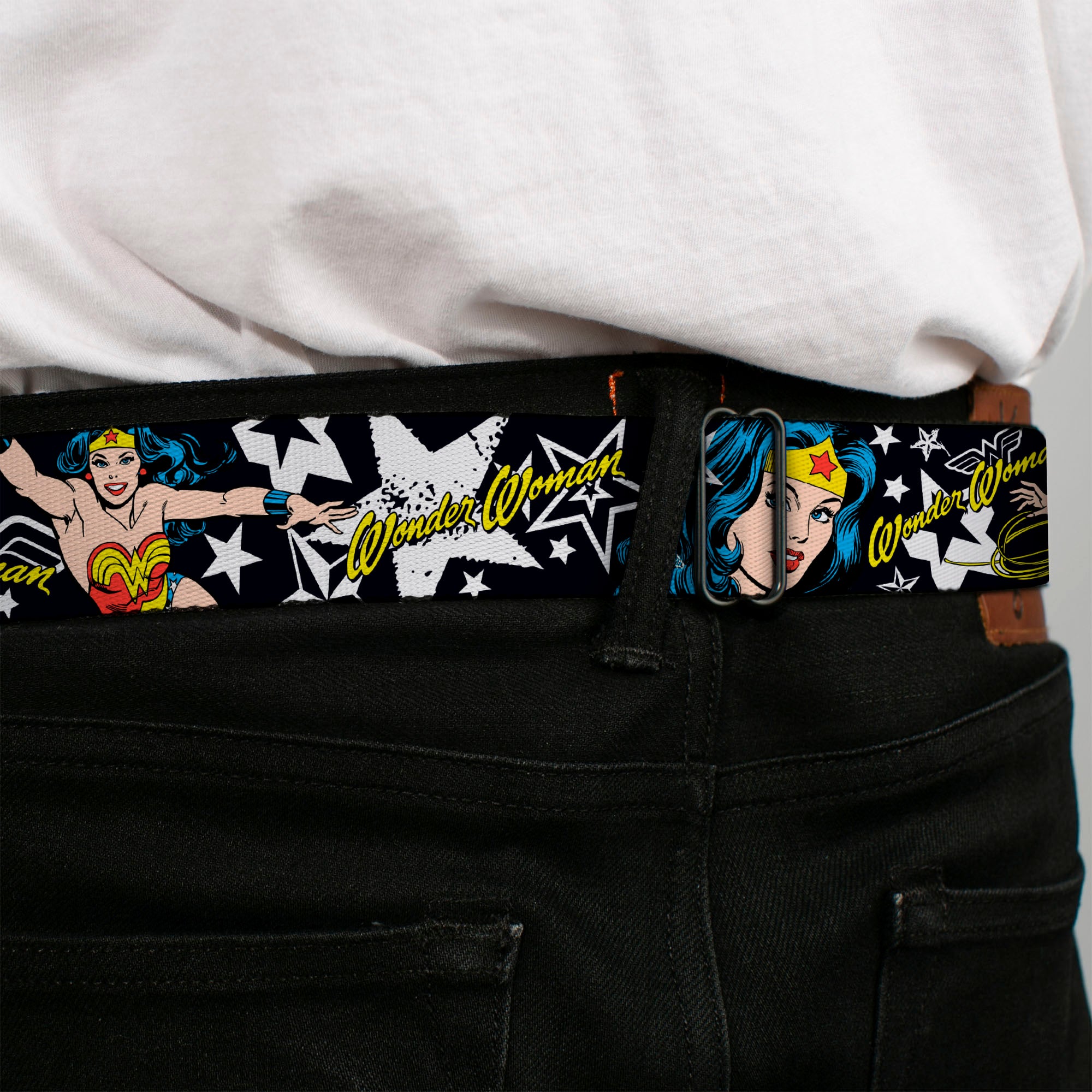 Wonder Woman Black Silver Seatbelt Belt - Wonder Woman/StarsÂ Black/White Webbing Seatbelt Belts DC Comics