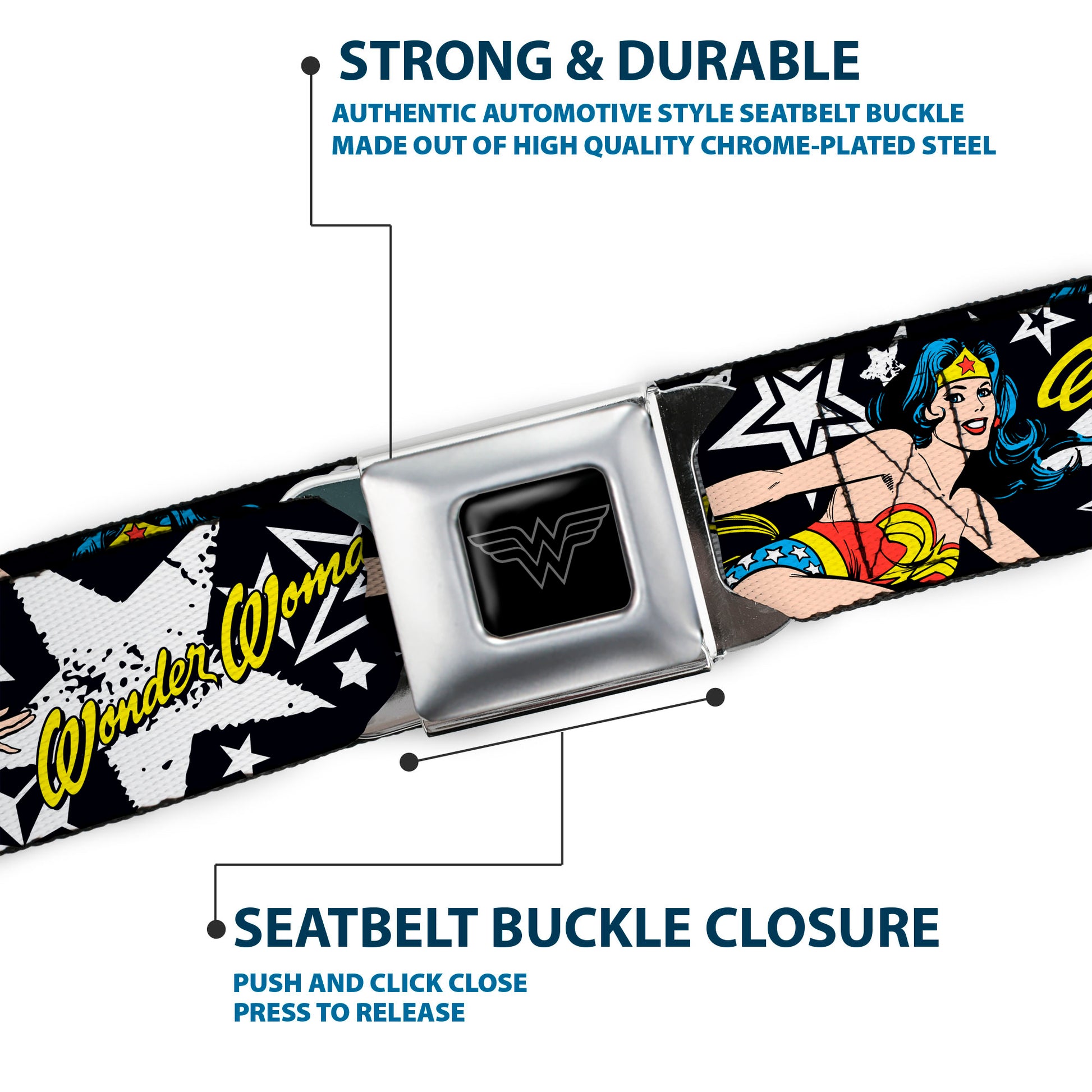 Wonder Woman Black Silver Seatbelt Belt - Wonder Woman/StarsÂ Black/White Webbing Seatbelt Belts DC Comics
