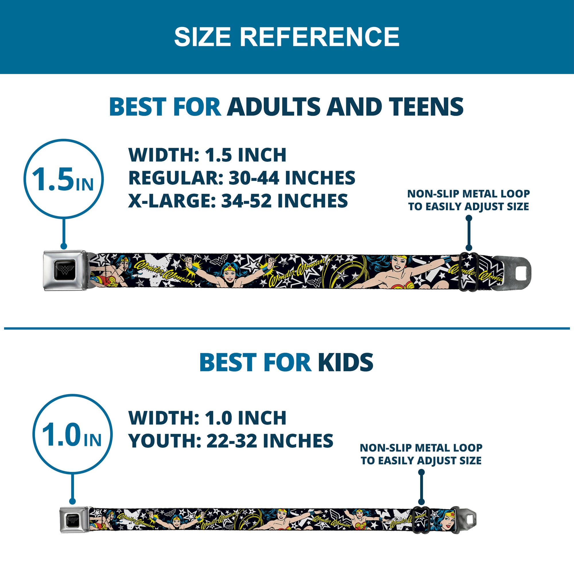 Wonder Woman Black Silver Seatbelt Belt - Wonder Woman/StarsÂ Black/White Webbing Seatbelt Belts DC Comics