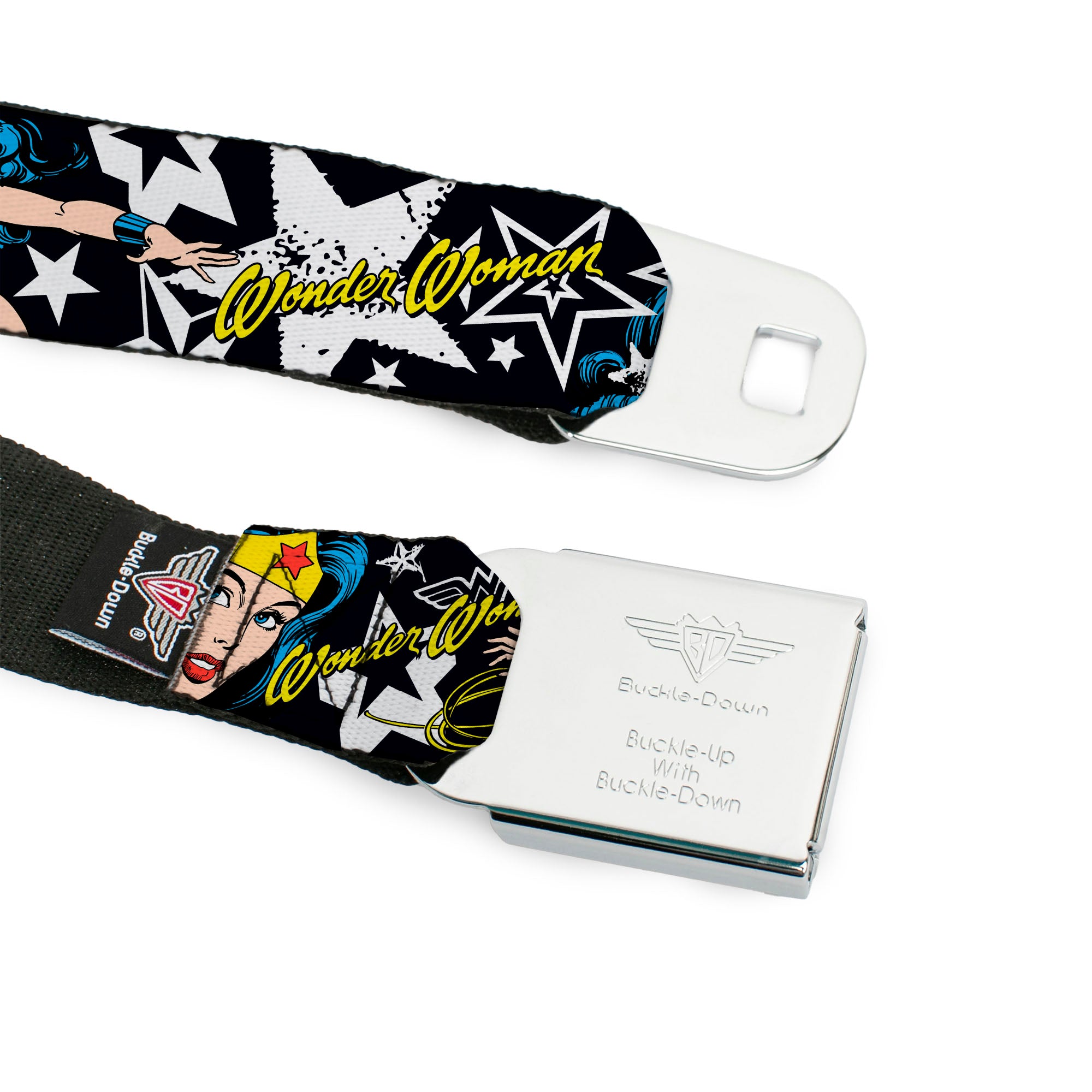 Wonder Woman Black Silver Seatbelt Belt - Wonder Woman/StarsÂ Black/White Webbing Seatbelt Belts DC Comics