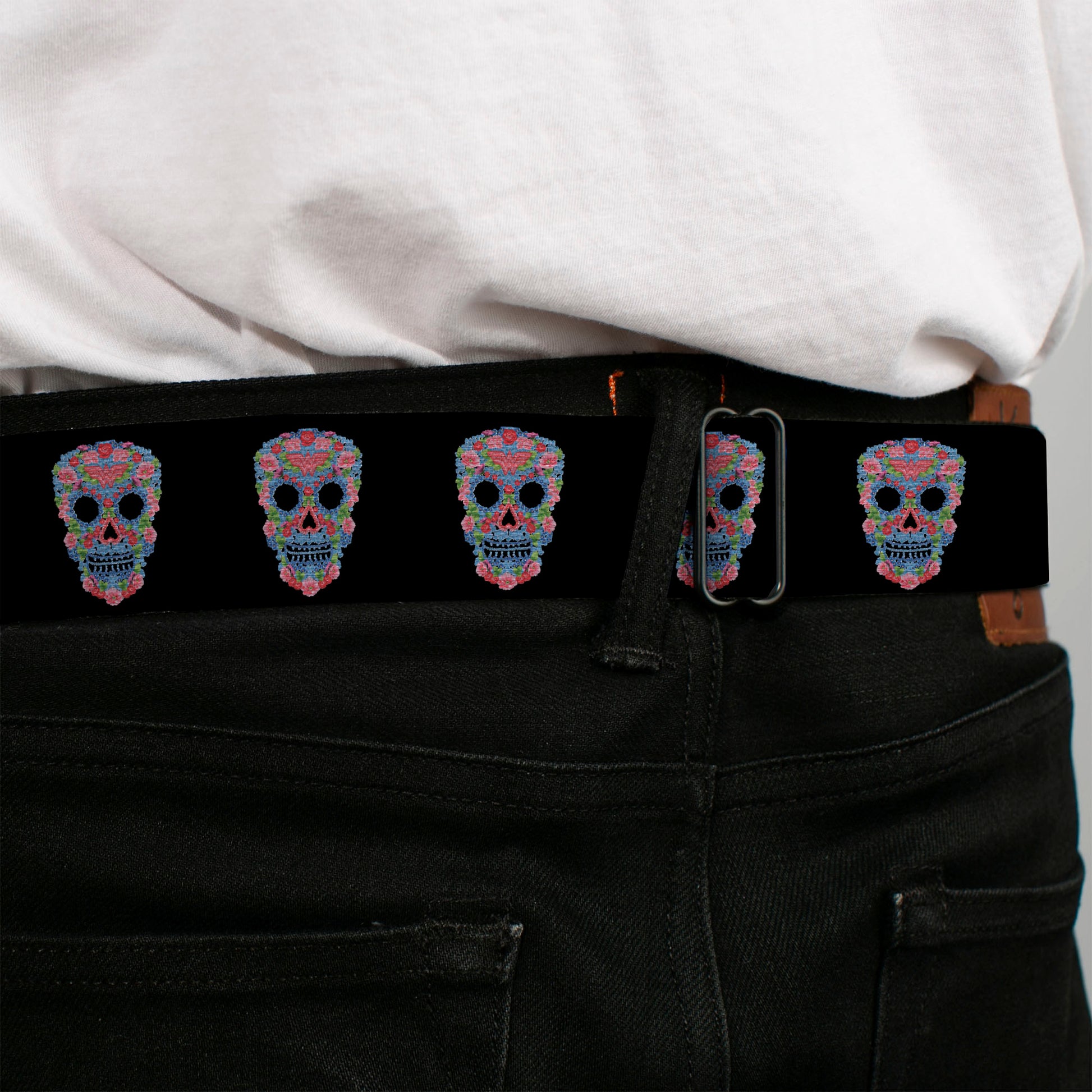 Wonder Woman Black Silver Seatbelt Belt - Wonder Woman Floral Skull Black/Multi Pastel Webbing Seatbelt Belts DC Comics