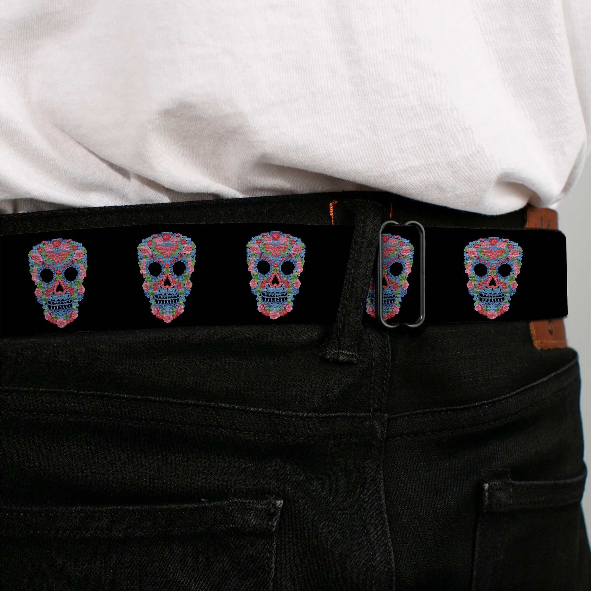 Wonder Woman Black Silver Seatbelt Belt - Wonder Woman Floral Skull Black/Multi Pastel Webbing Seatbelt Belts DC Comics