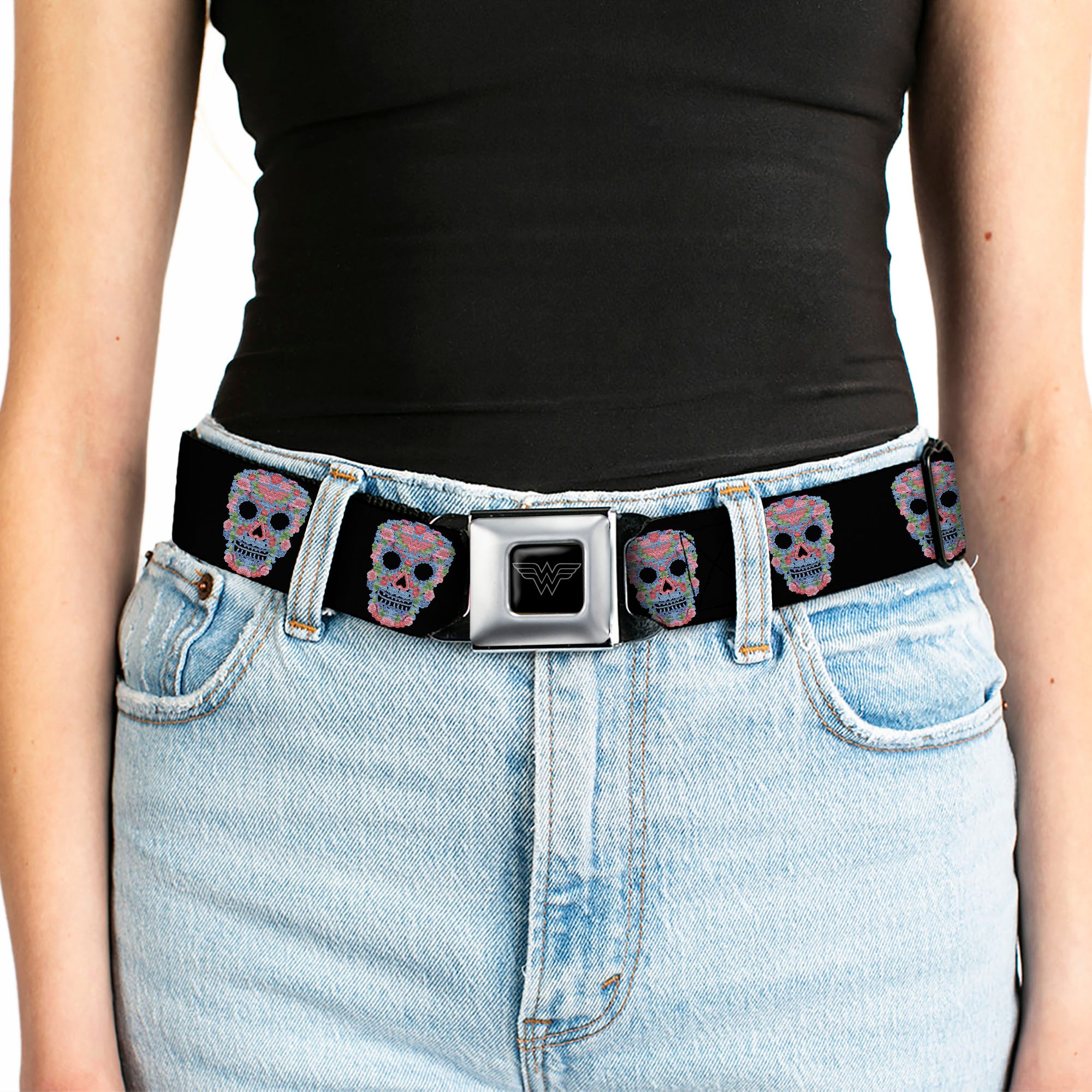 Wonder Woman Black Silver Seatbelt Belt - Wonder Woman Floral Skull Black/Multi Pastel Webbing Seatbelt Belts DC Comics