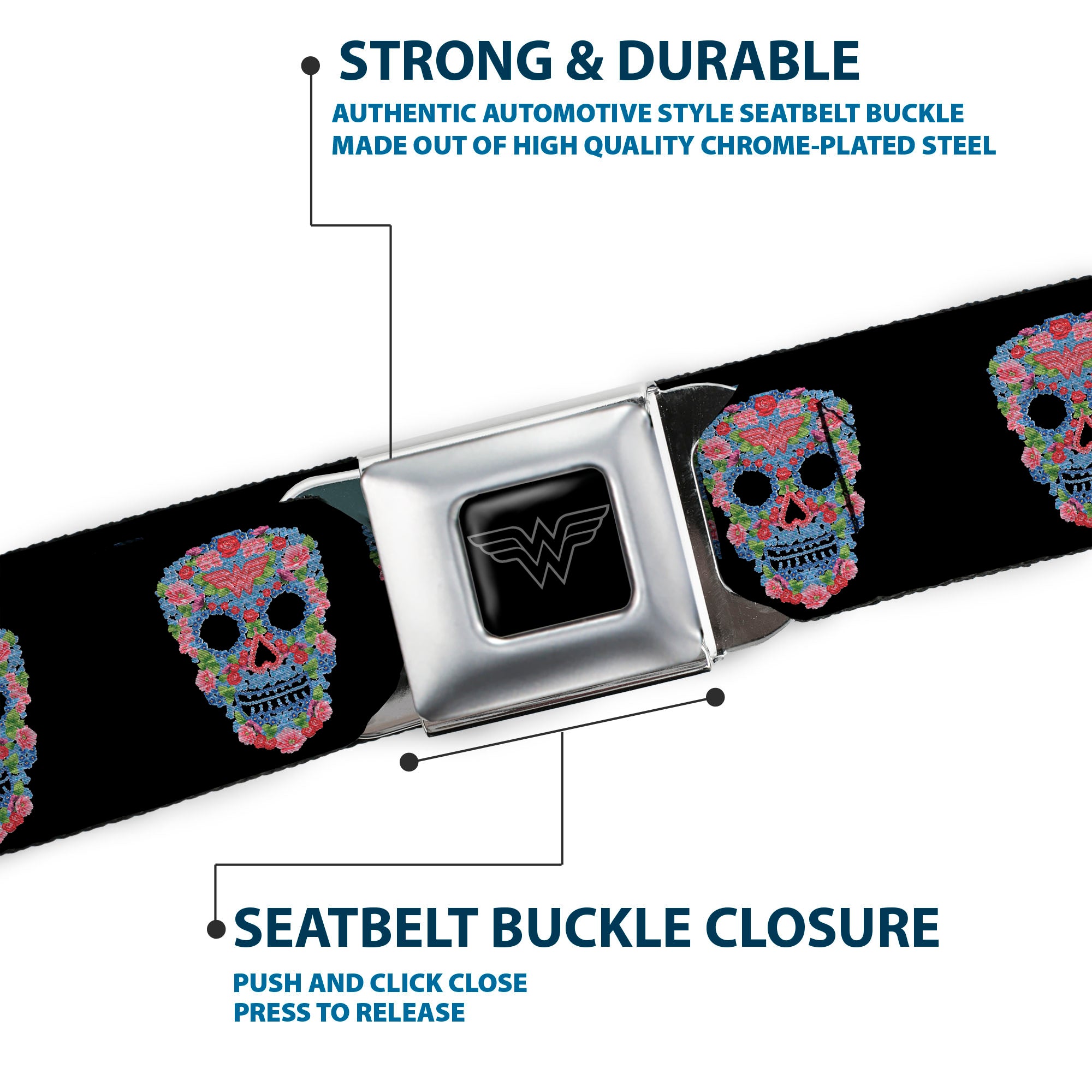 Wonder Woman Black Silver Seatbelt Belt - Wonder Woman Floral Skull Black/Multi Pastel Webbing Seatbelt Belts DC Comics