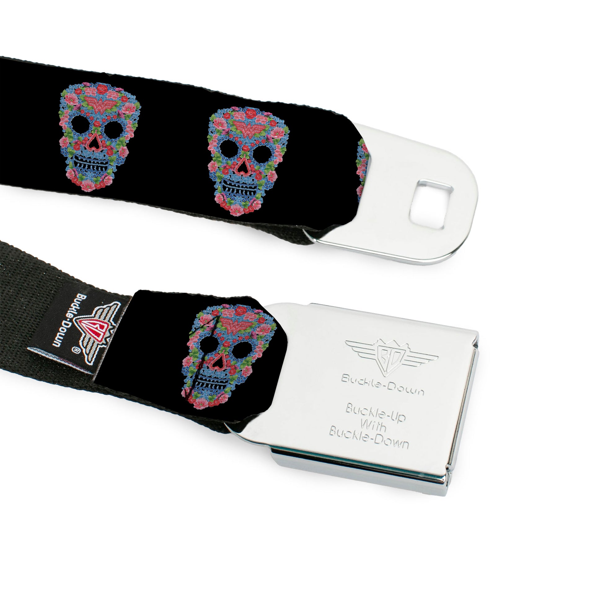 Wonder Woman Black Silver Seatbelt Belt - Wonder Woman Floral Skull Black/Multi Pastel Webbing Seatbelt Belts DC Comics