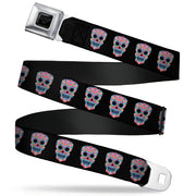 Wonder Woman Black Silver Seatbelt Belt - Wonder Woman Floral Skull Black/Multi Pastel Webbing Seatbelt Belts DC Comics