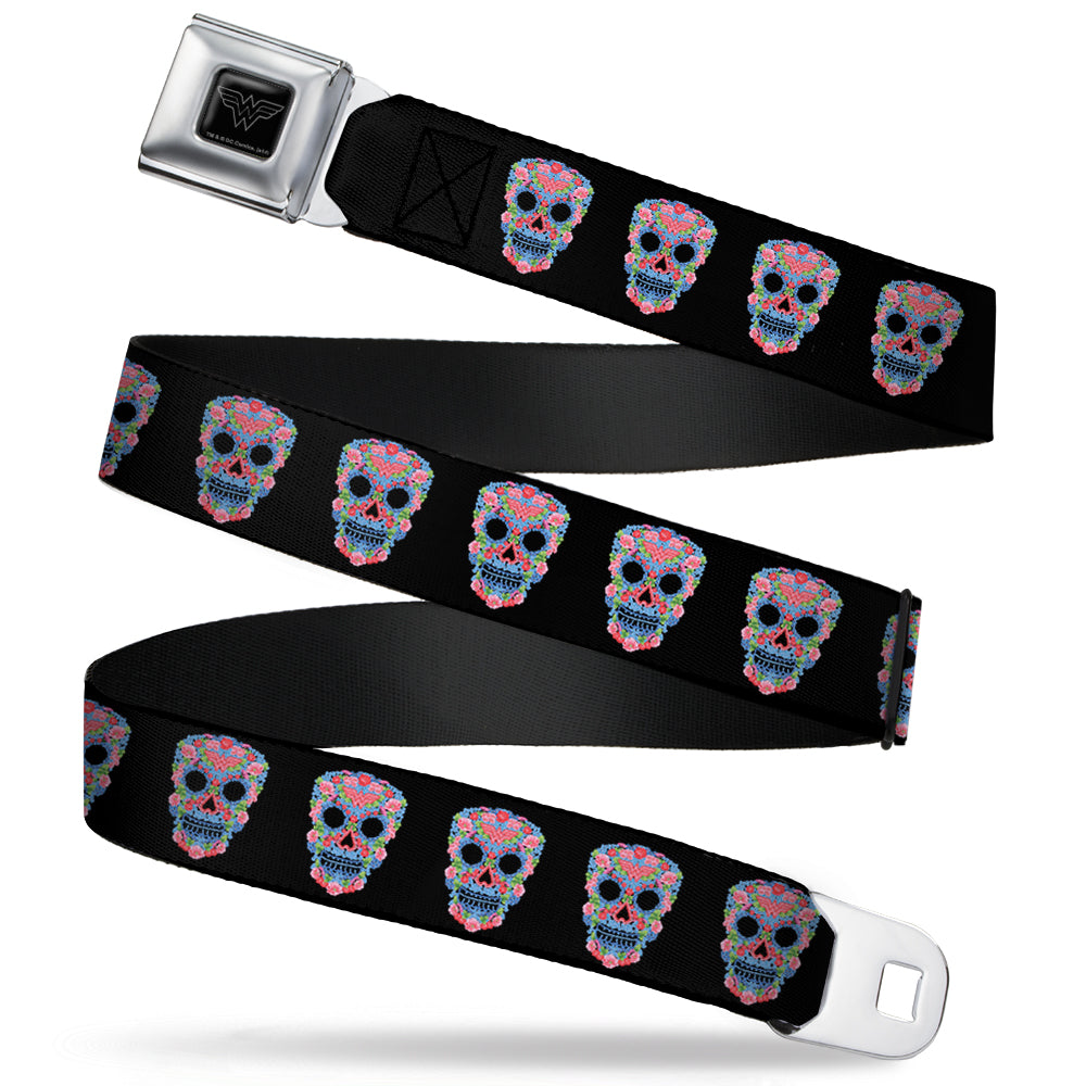 Wonder Woman Black Silver Seatbelt Belt - Wonder Woman Floral Skull Black/Multi Pastel Webbing Seatbelt Belts DC Comics