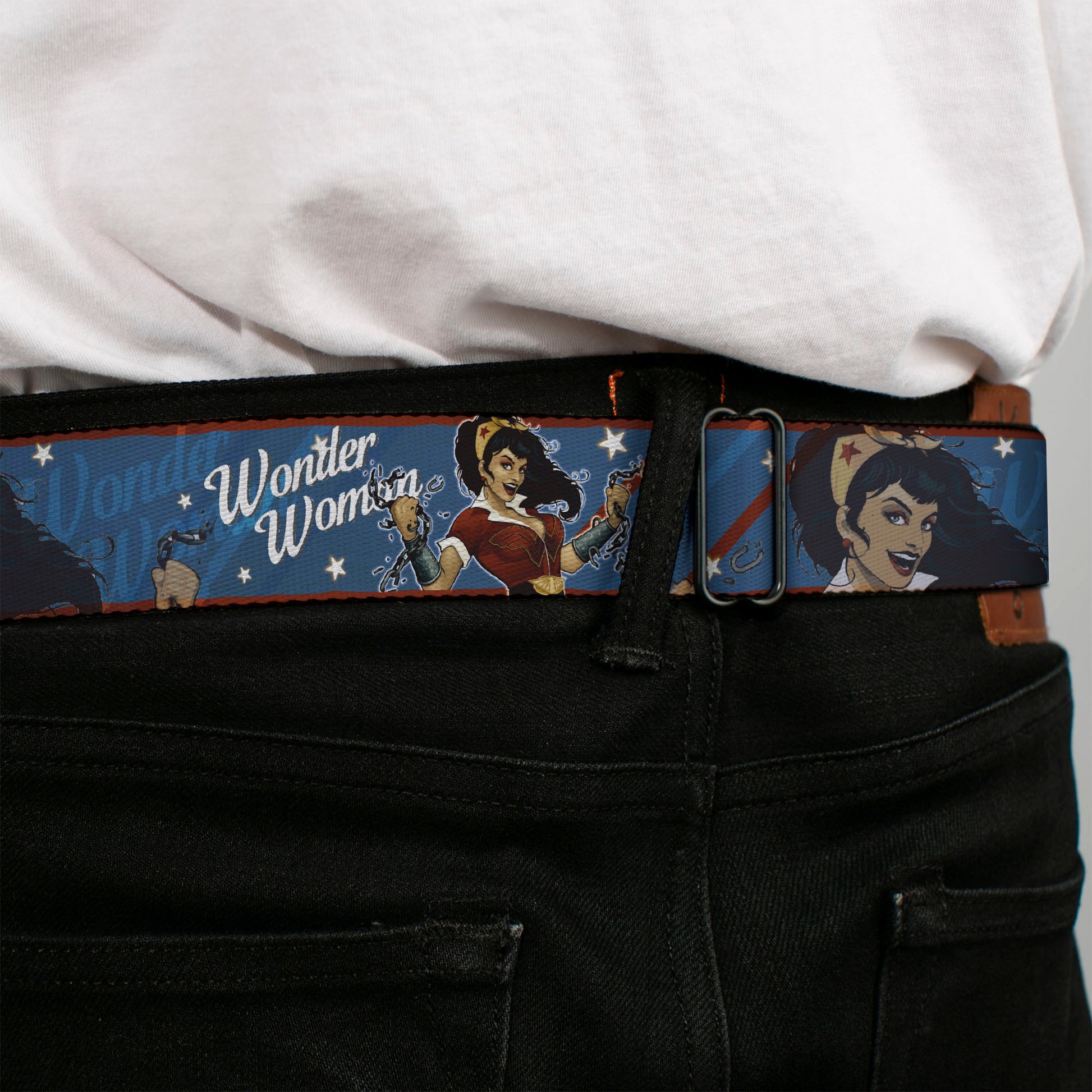 Wonder Woman Black Silver Seatbelt Belt - WONDER WOMAN/Bombshell Pose Blue/Red/White Webbing Seatbelt Belts DC Comics