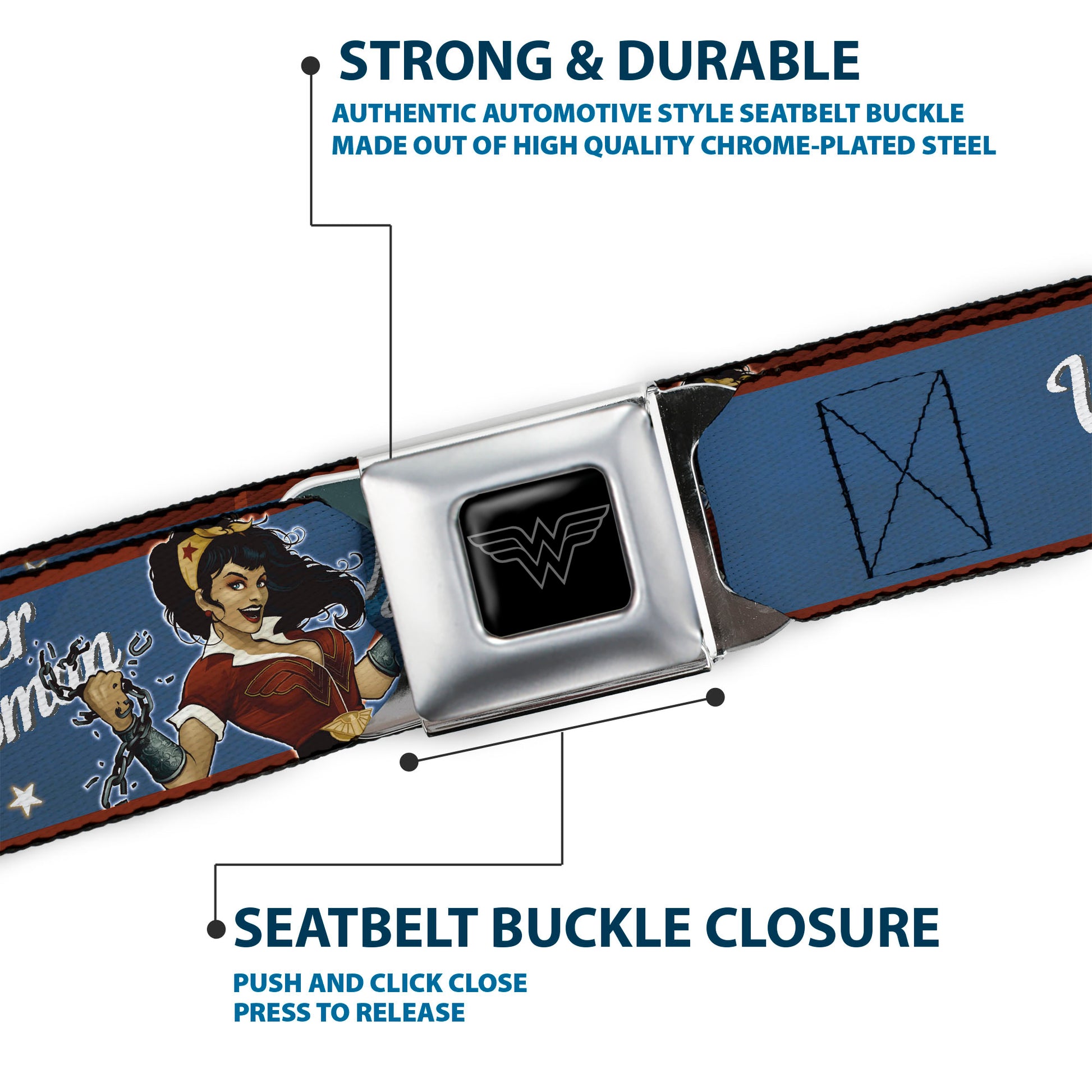 Wonder Woman Black Silver Seatbelt Belt - WONDER WOMAN/Bombshell Pose Blue/Red/White Webbing Seatbelt Belts DC Comics