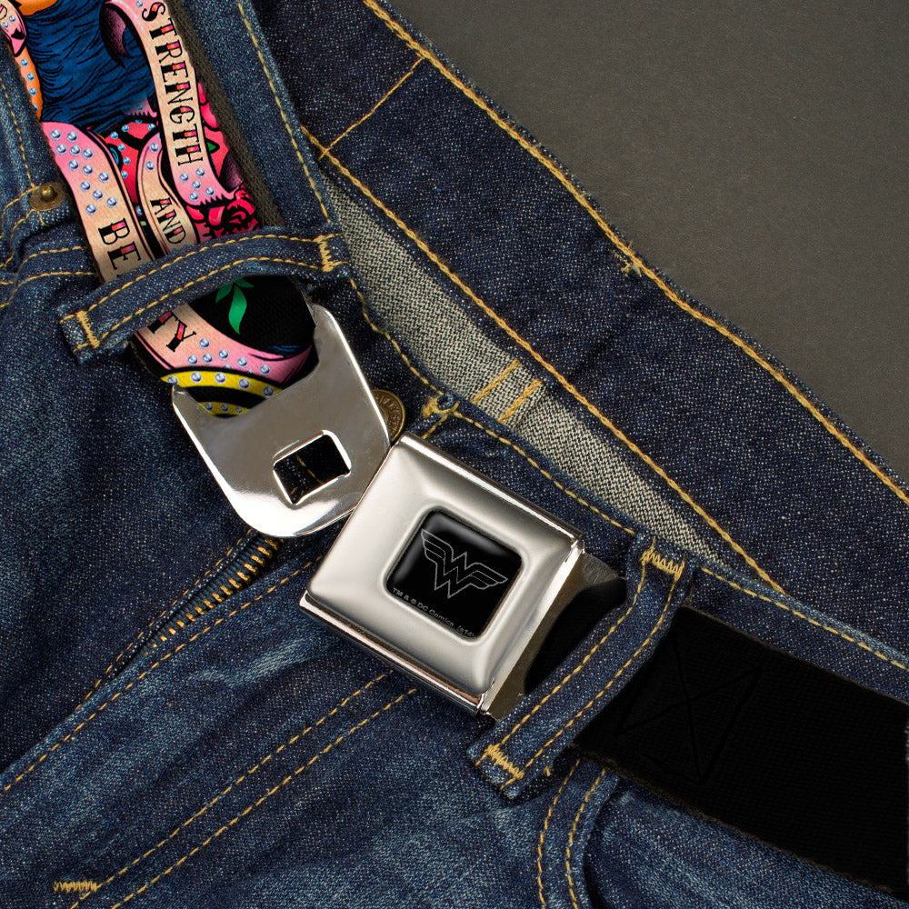Wonder Woman Black Silver Seatbelt Belt - WONDER WOMAN/Roses STRENGTH AND BEAUTY Black-Pink Fade Webbing Seatbelt Belts DC Comics