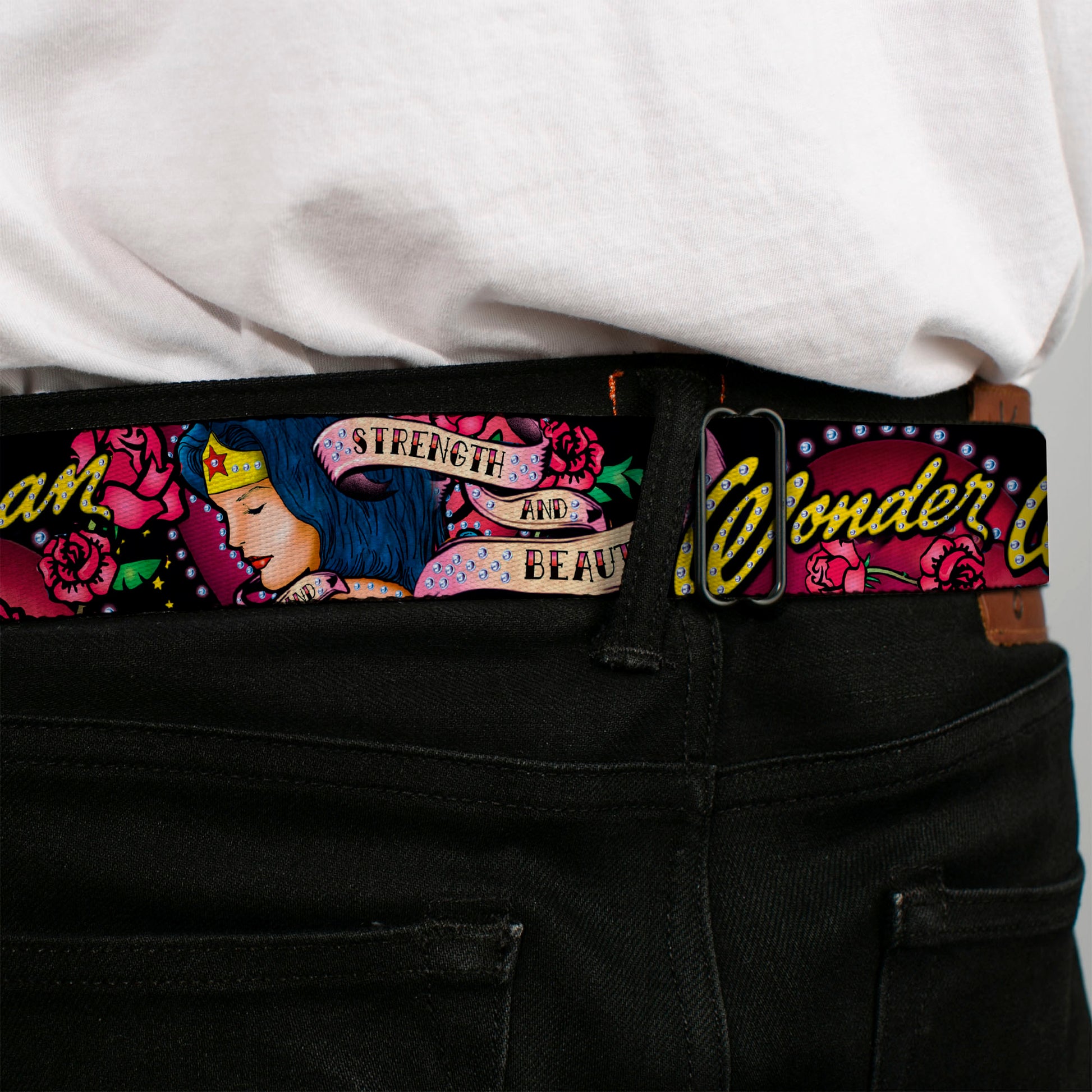 Wonder Woman Black Silver Seatbelt Belt - WONDER WOMAN/Roses STRENGTH AND BEAUTY Black-Pink Fade Webbing Seatbelt Belts DC Comics