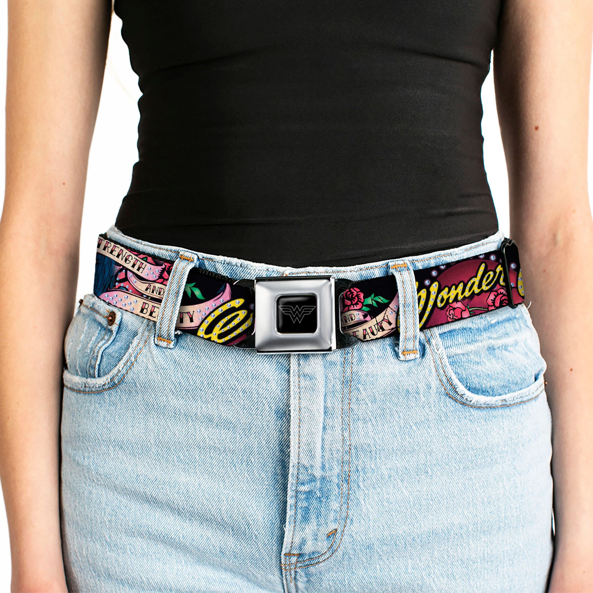 Wonder Woman Black Silver Seatbelt Belt - WONDER WOMAN/Roses STRENGTH AND BEAUTY Black-Pink Fade Webbing Seatbelt Belts DC Comics