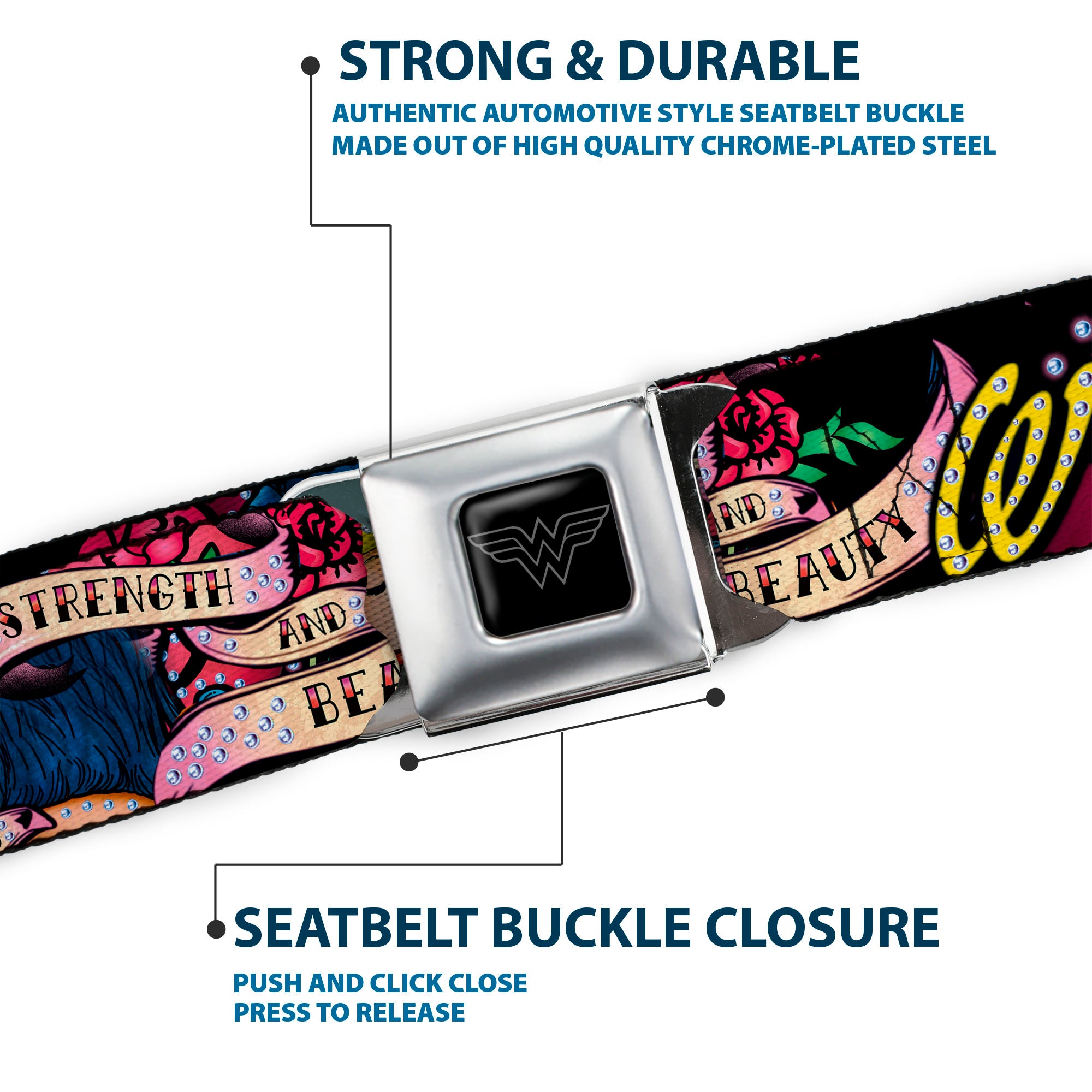 Wonder Woman Black Silver Seatbelt Belt - WONDER WOMAN/Roses STRENGTH AND BEAUTY Black-Pink Fade Webbing Seatbelt Belts DC Comics