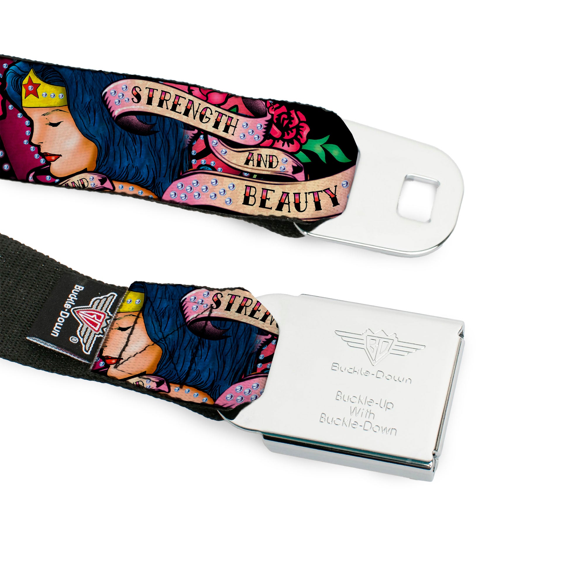 Wonder Woman Black Silver Seatbelt Belt - WONDER WOMAN/Roses STRENGTH AND BEAUTY Black-Pink Fade Webbing Seatbelt Belts DC Comics