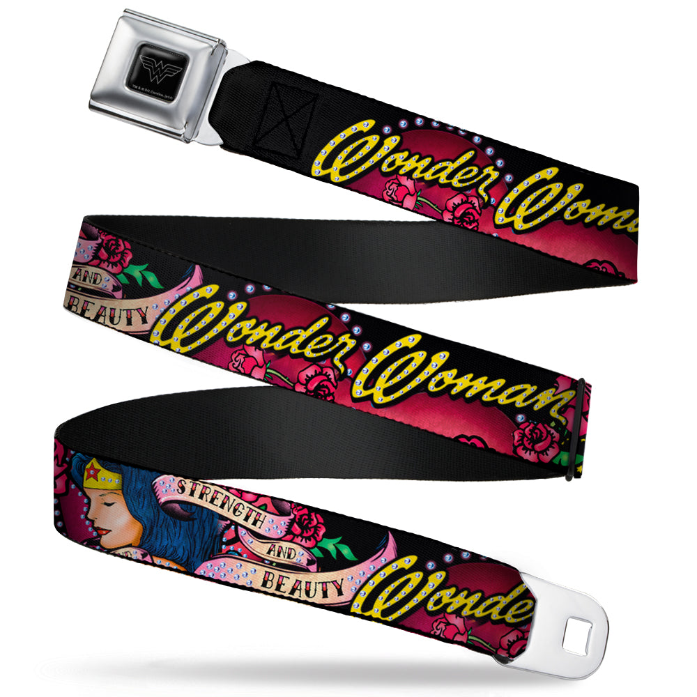 Wonder Woman Black Silver Seatbelt Belt - WONDER WOMAN/Roses STRENGTH AND BEAUTY Black-Pink Fade Webbing Seatbelt Belts DC Comics