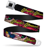 Wonder Woman Black Silver Seatbelt Belt - WONDER WOMAN/Roses STRENGTH AND BEAUTY Black-Pink Fade Webbing Seatbelt Belts DC Comics