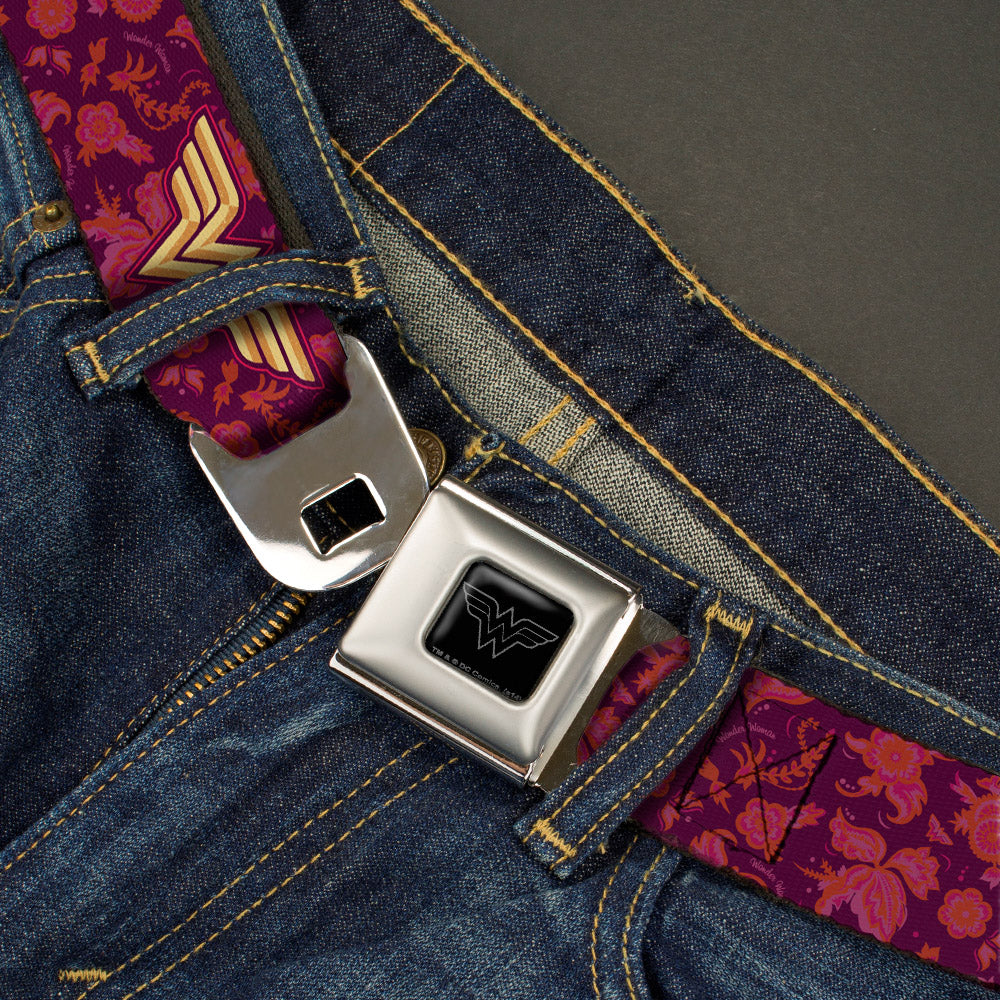 Wonder Woman Black Silver Seatbelt Belt - Wonder Woman Logo/Floral Collage Purple/Pinks/Gold Webbing Seatbelt Belts DC Comics