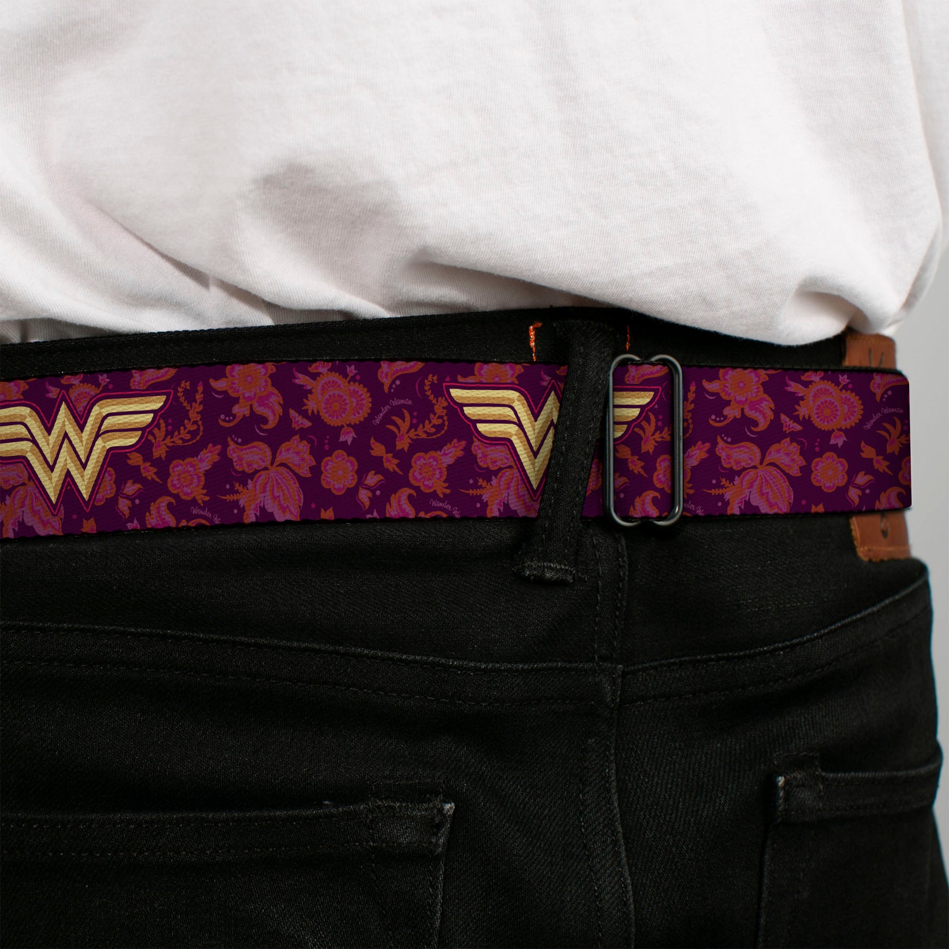 Wonder Woman Black Silver Seatbelt Belt - Wonder Woman Logo/Floral Collage Purple/Pinks/Gold Webbing Seatbelt Belts DC Comics