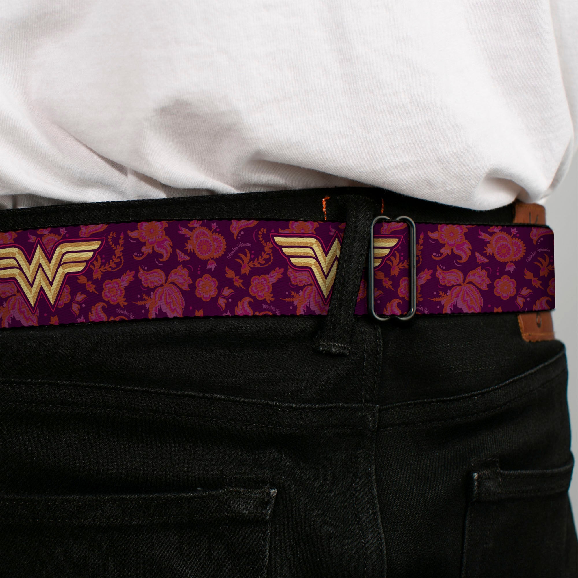 Wonder Woman Black Silver Seatbelt Belt - Wonder Woman Logo/Floral Collage Purple/Pinks/Gold Webbing Seatbelt Belts DC Comics