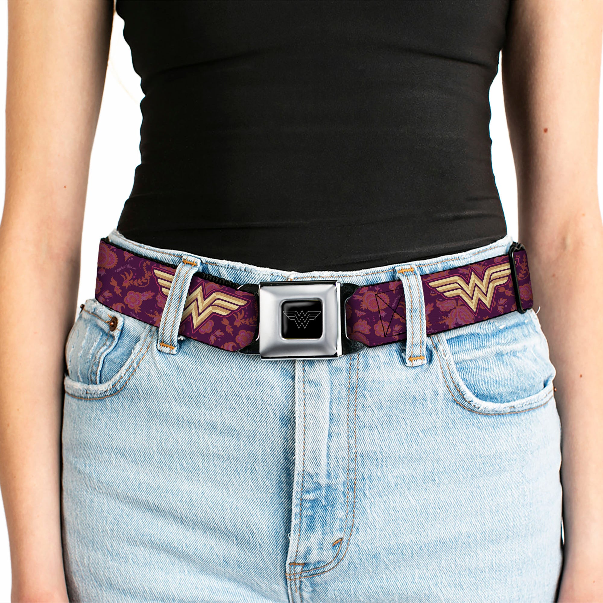 Wonder Woman Black Silver Seatbelt Belt - Wonder Woman Logo/Floral Collage Purple/Pinks/Gold Webbing Seatbelt Belts DC Comics