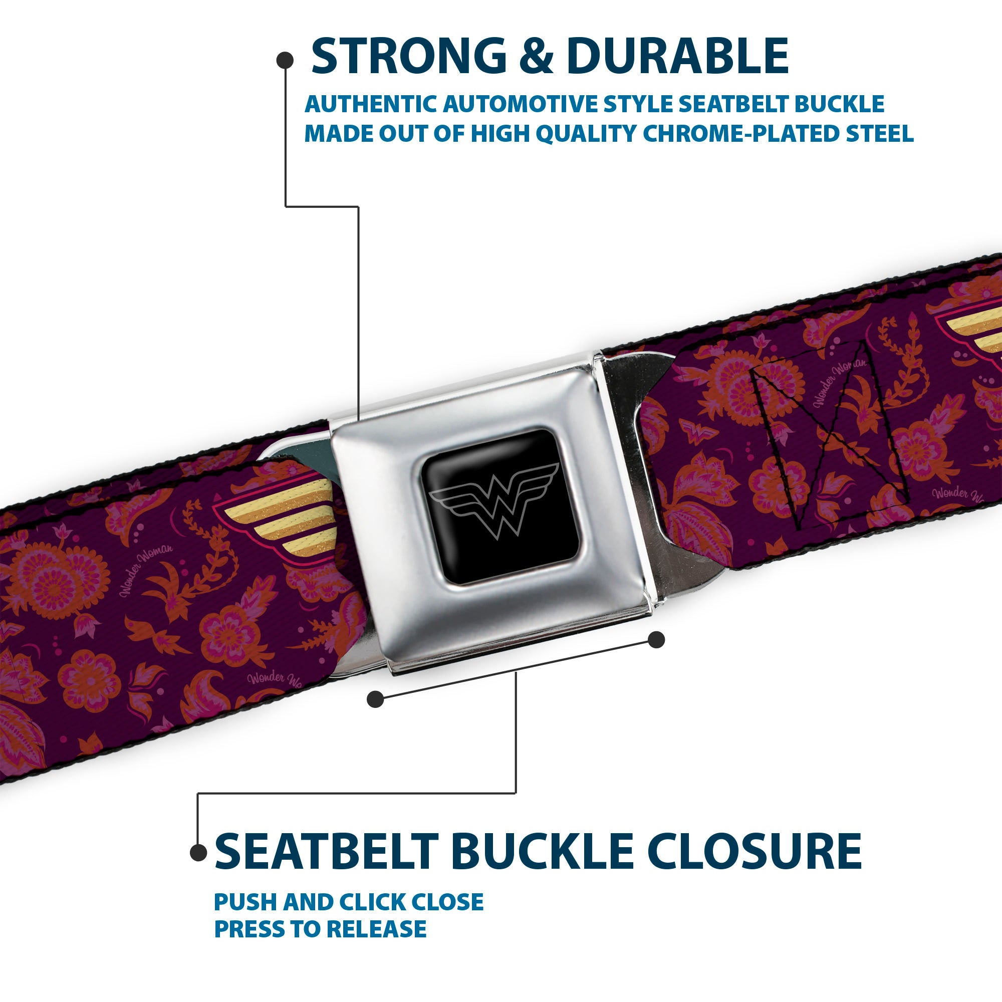 Wonder Woman Black Silver Seatbelt Belt - Wonder Woman Logo/Floral Collage Purple/Pinks/Gold Webbing Seatbelt Belts DC Comics