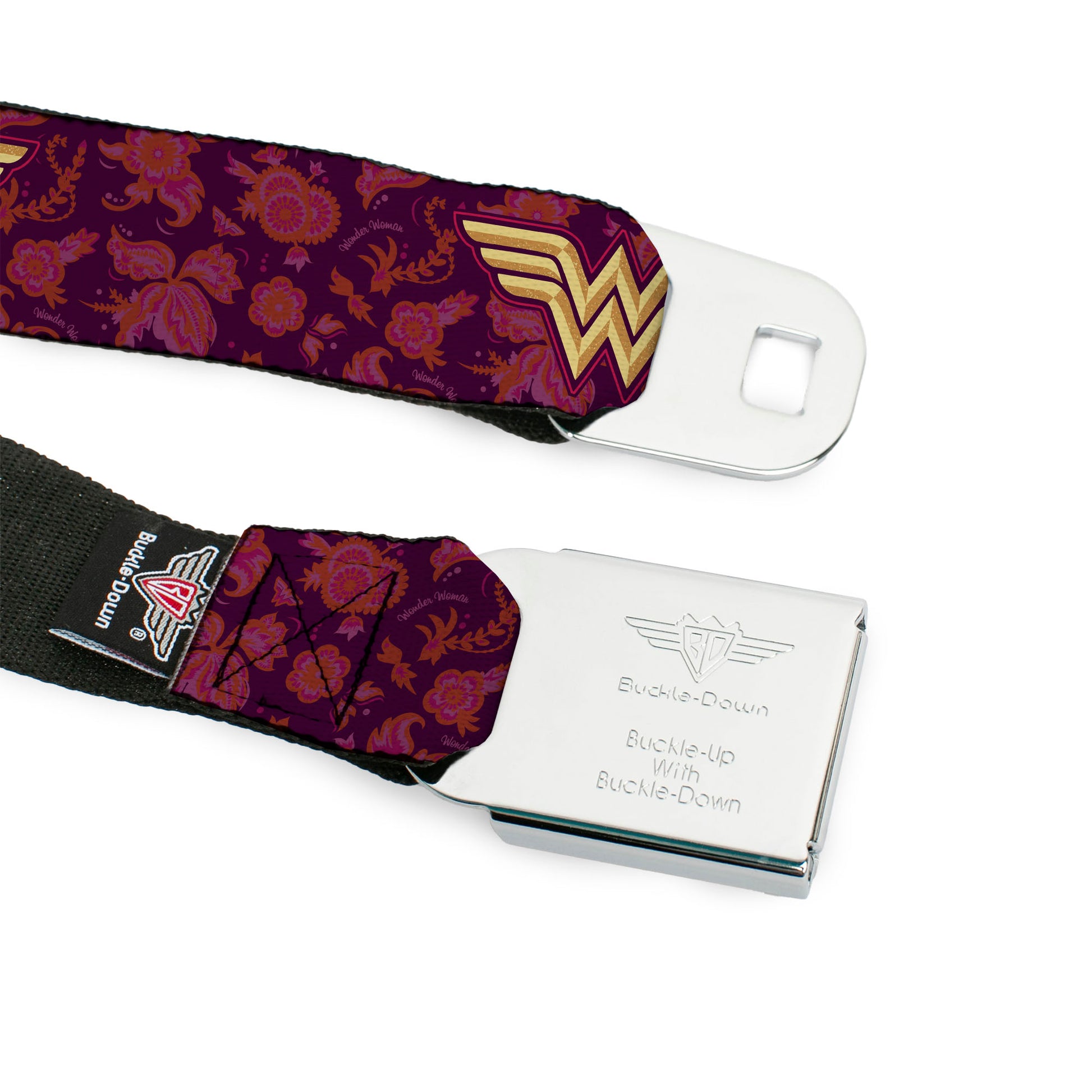 Wonder Woman Black Silver Seatbelt Belt - Wonder Woman Logo/Floral Collage Purple/Pinks/Gold Webbing Seatbelt Belts DC Comics