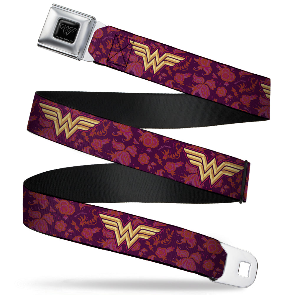 Wonder Woman Black Silver Seatbelt Belt - Wonder Woman Logo/Floral Collage Purple/Pinks/Gold Webbing Seatbelt Belts DC Comics