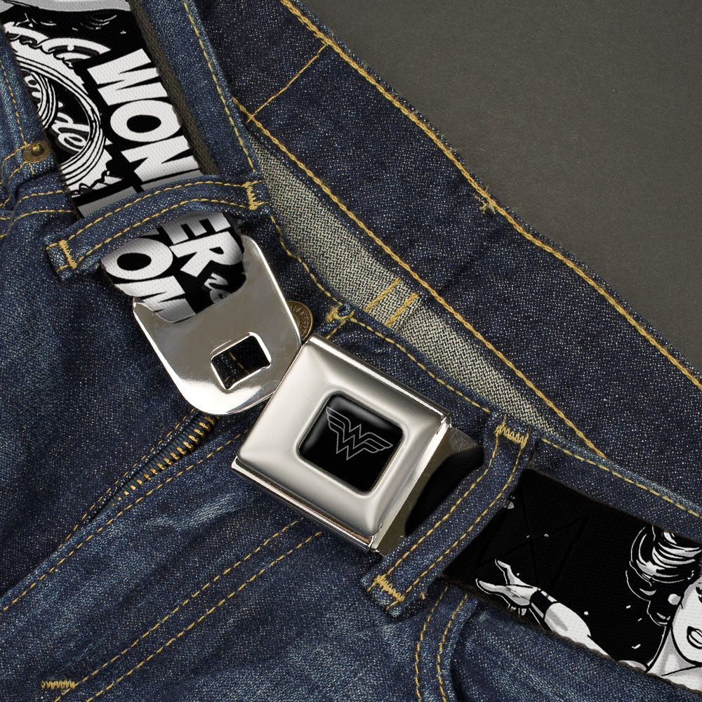 Wonder Woman Logo Reverse Brushed Seatbelt Belt - WONDER WOMAN Action Pose/Text Collage Black/White/Grays Webbing Seatbelt Belts DC Comics