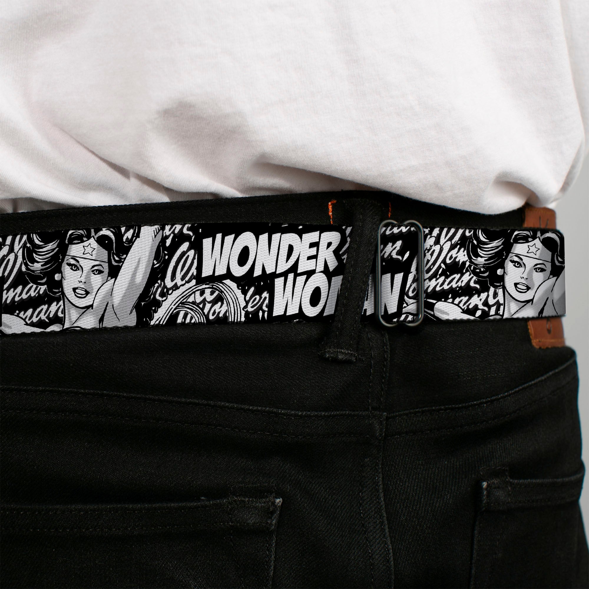 Wonder Woman Logo Reverse Brushed Seatbelt Belt - WONDER WOMAN Action Pose/Text Collage Black/White/Grays Webbing Seatbelt Belts DC Comics