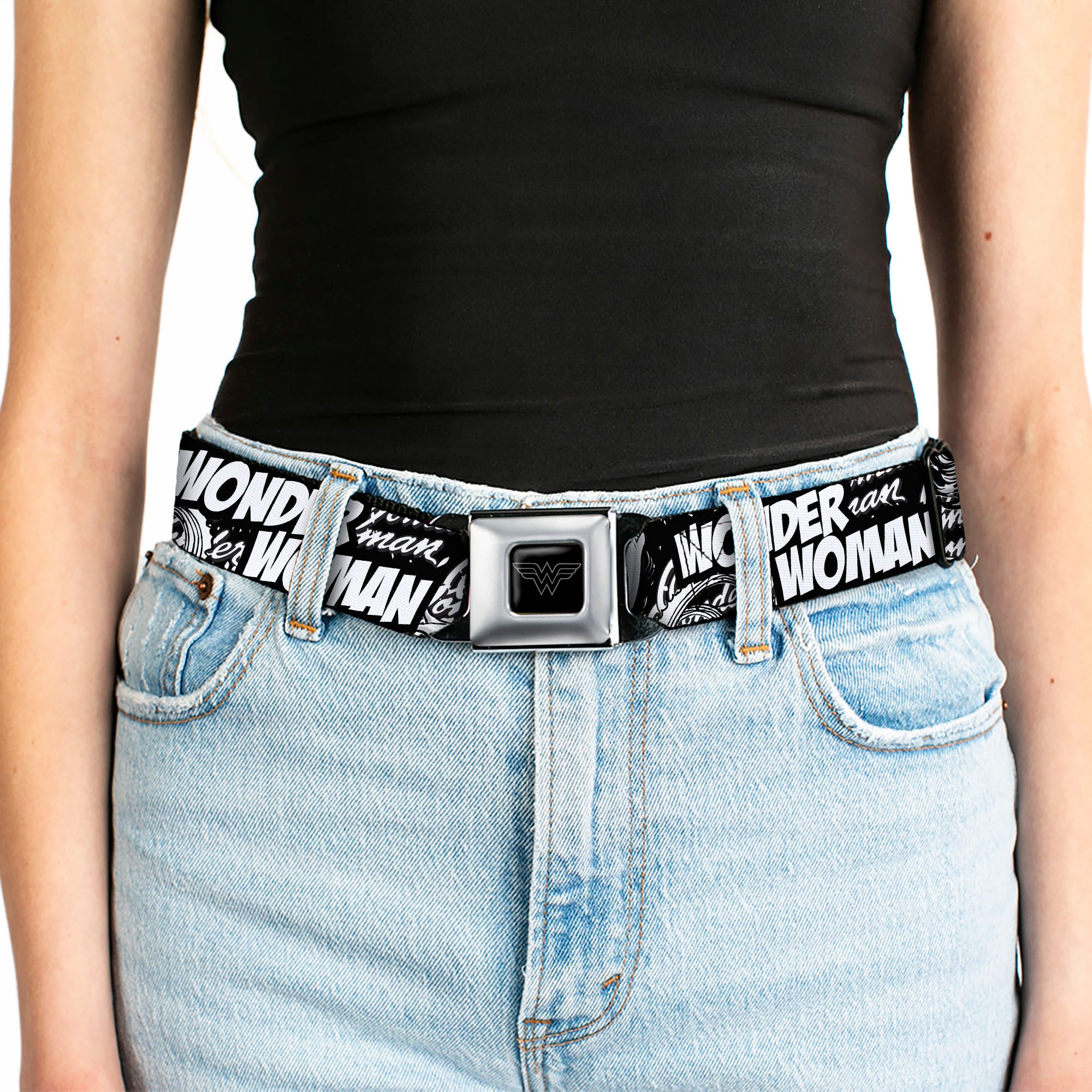 Wonder Woman Logo Reverse Brushed Seatbelt Belt - WONDER WOMAN Action Pose/Text Collage Black/White/Grays Webbing Seatbelt Belts DC Comics