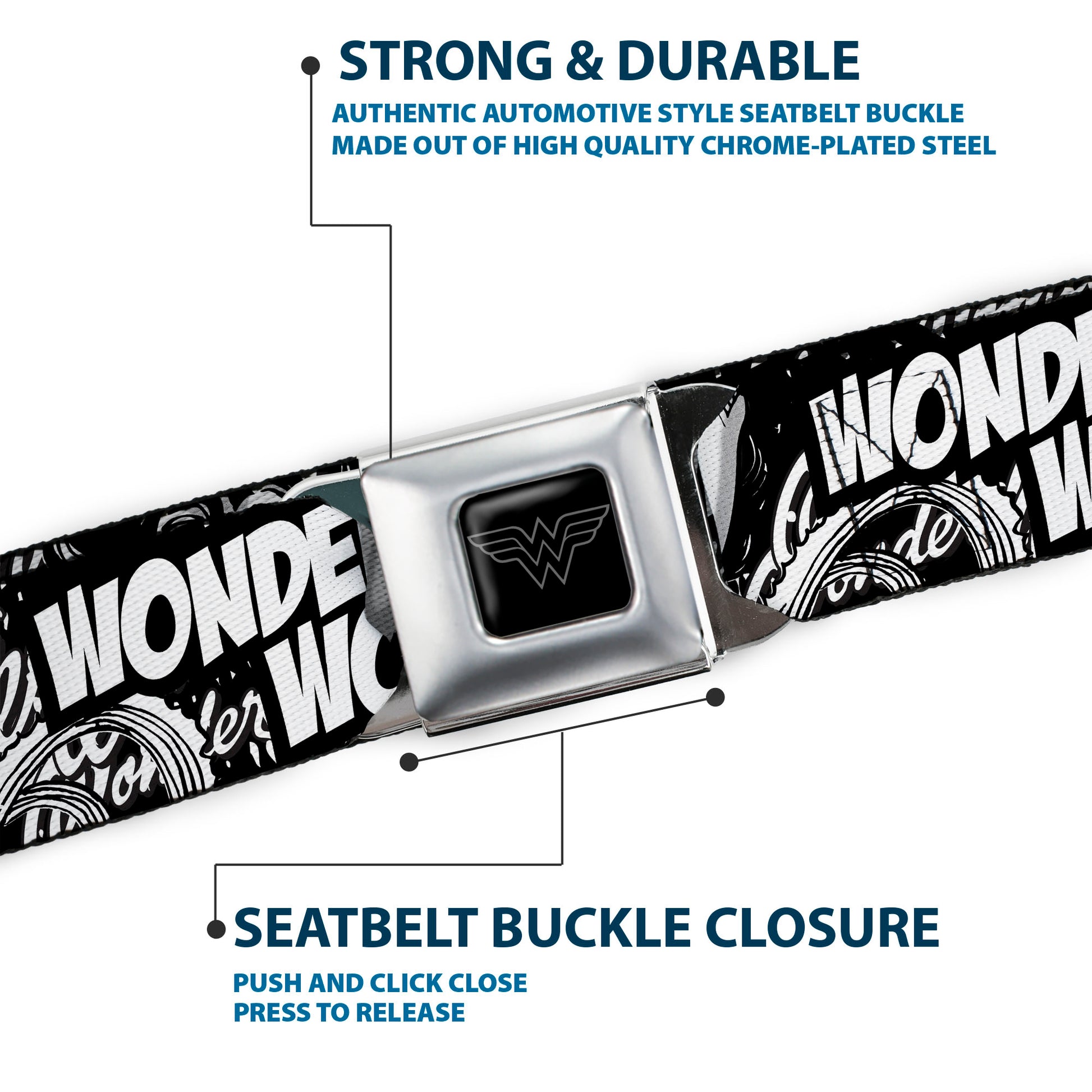 Wonder Woman Logo Reverse Brushed Seatbelt Belt - WONDER WOMAN Action Pose/Text Collage Black/White/Grays Webbing Seatbelt Belts DC Comics