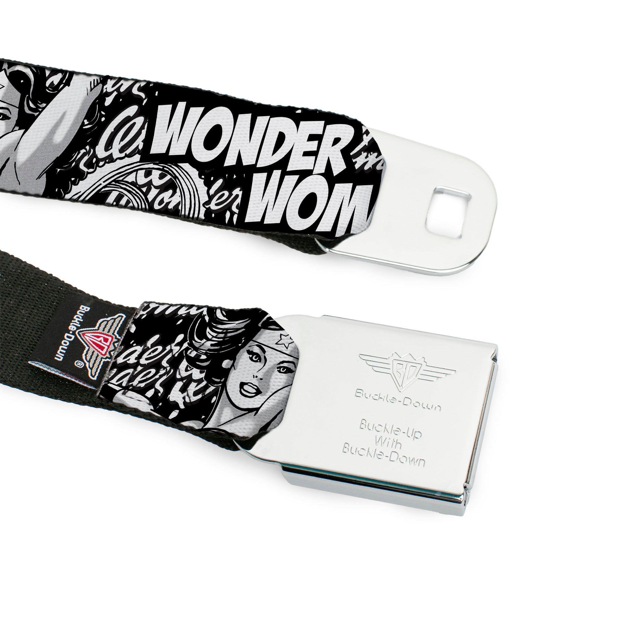Wonder Woman Logo Reverse Brushed Seatbelt Belt - WONDER WOMAN Action Pose/Text Collage Black/White/Grays Webbing Seatbelt Belts DC Comics