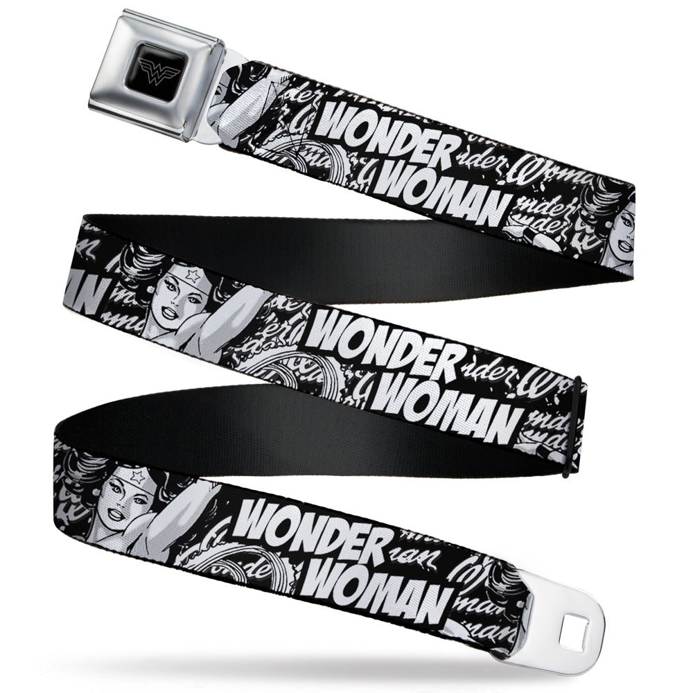 Wonder Woman Logo Reverse Brushed Seatbelt Belt - WONDER WOMAN Action Pose/Text Collage Black/White/Grays Webbing Seatbelt Belts DC Comics