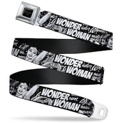 Wonder Woman Logo Reverse Brushed Seatbelt Belt - WONDER WOMAN Action Pose/Text Collage Black/White/Grays Webbing Seatbelt Belts DC Comics
