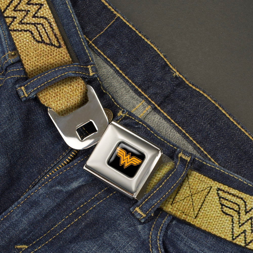 Wonder Woman Logo Reverse Brushed Black Gold Seatbelt Belt - Wonder Woman Logo Metallic Gold/Black Webbing Seatbelt Belts DC Comics