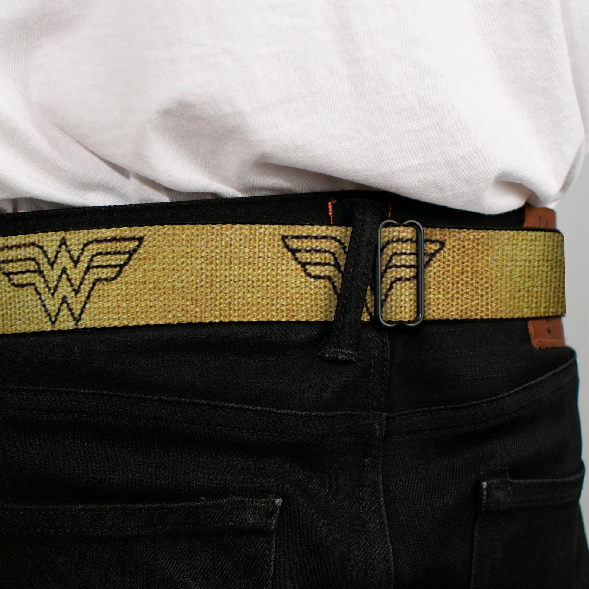 Wonder Woman Logo Reverse Brushed Black Gold Seatbelt Belt - Wonder Woman Logo Metallic Gold/Black Webbing Seatbelt Belts DC Comics